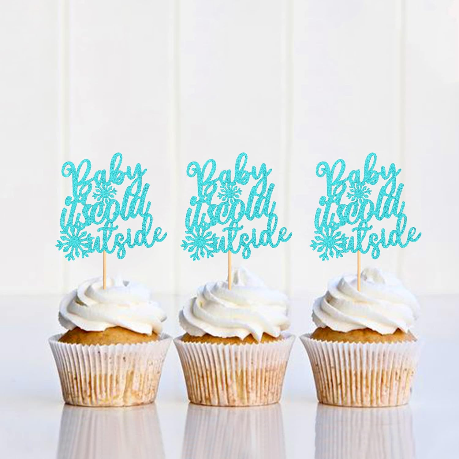 24Pcs Snowflake Baby It'S Cold outside Cupcake Toppers Glitter Blue Baby It'S Cold outside Cupcake Picks for Winter Baby Wonderland Xmas Baby Shower Party Cake Decor Supplies