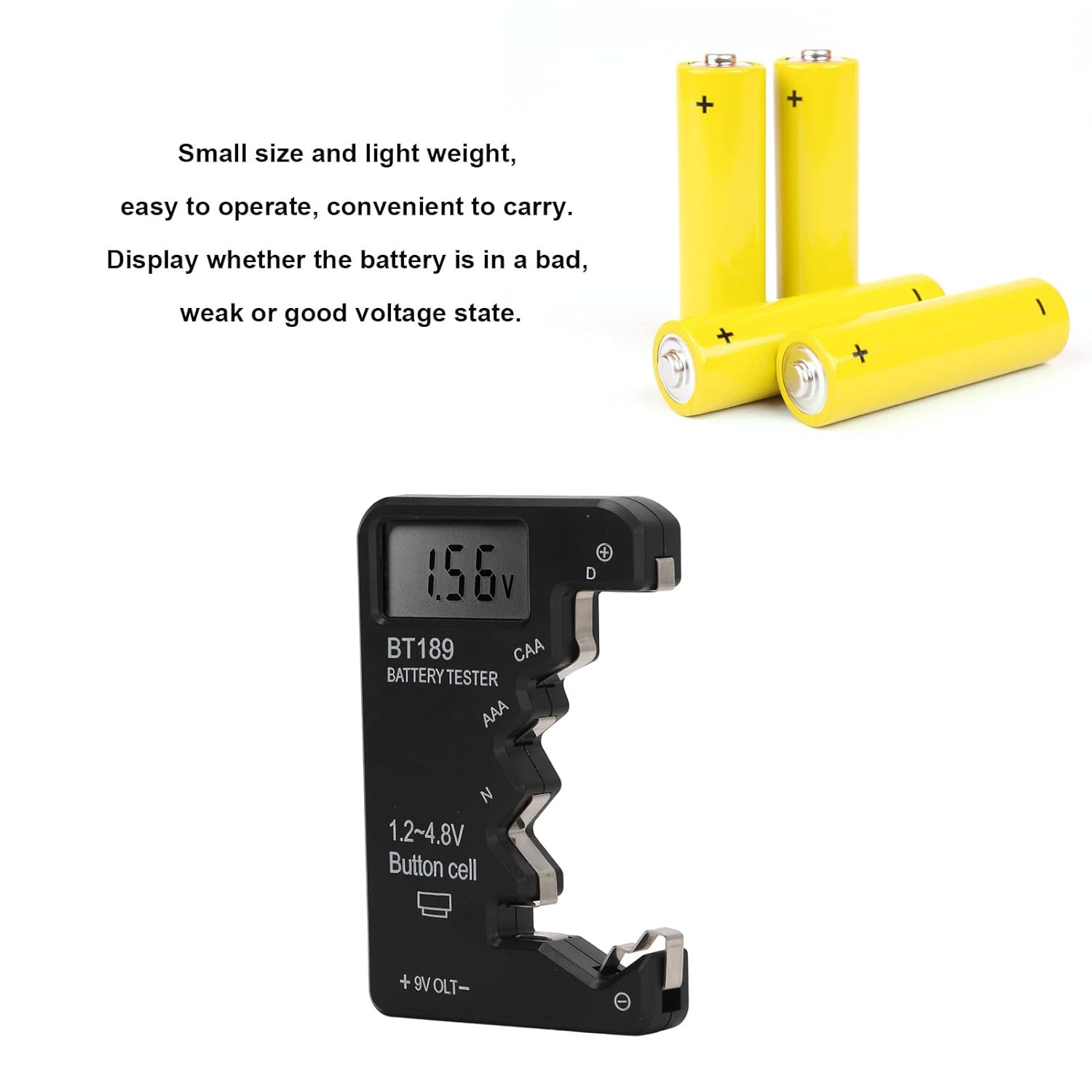 Nunz Battery Tester, High Accuracy LCD Display, Durable, Portable, Compatible with C AA AAA DN 6F22 Batteries image number 4