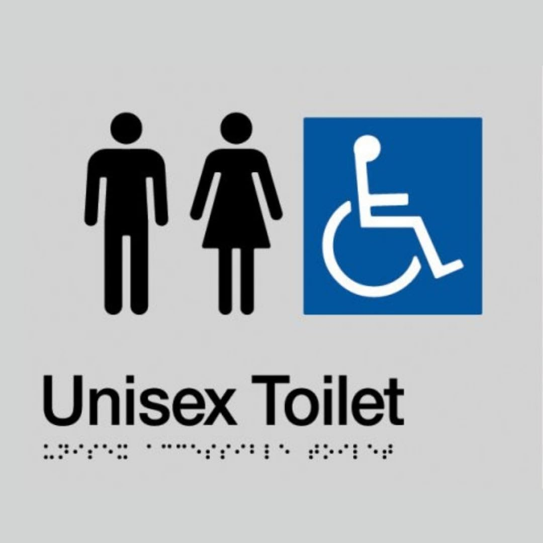 Dolphy Unisex Accessible Toilet Braille Sign &ndash; Silver/Black, 180X210Mm, BCA & AS1428 Compliant, Tactile & Braille Symbols, UV Protected, Easy Install for Public Use