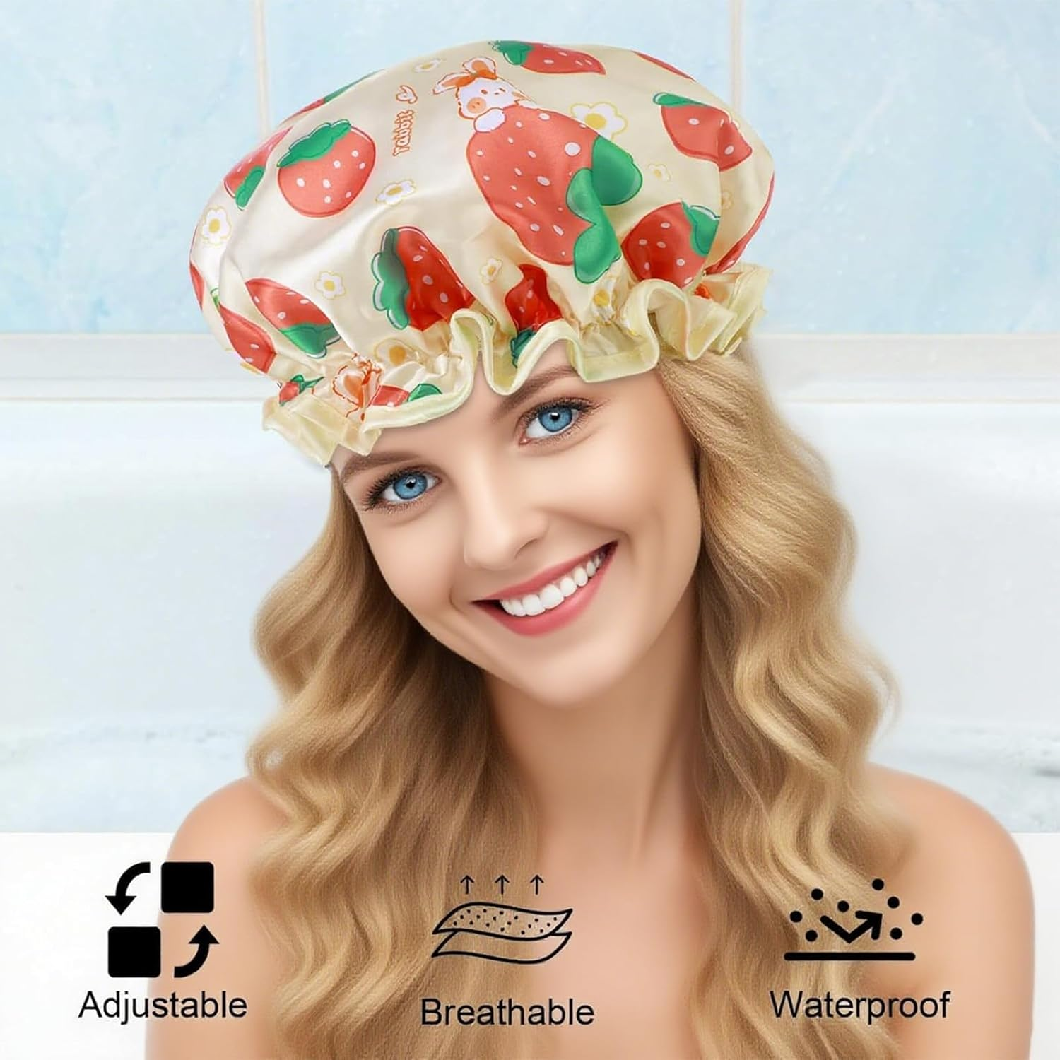 2 PCS Shower Caps with 2 Hair Ties - Waterproof Double Layer Cute Rabbit Bonnets, Satin & PEVA Soft Sleeping Cap with Elastic Band image number 5