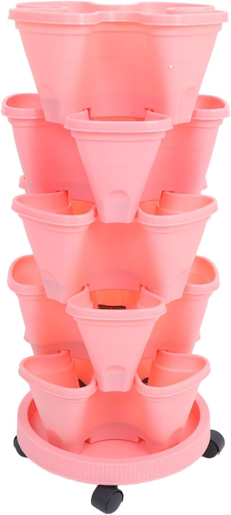 GAROZATION Stackable Vertical Strawberry Tower Planter with Movable Casters Multi-Layer Flower Pot for Outdoor Herb and Vegetable Gardening Space-Saving Pink Multi-Tiered Planter Box image number 1