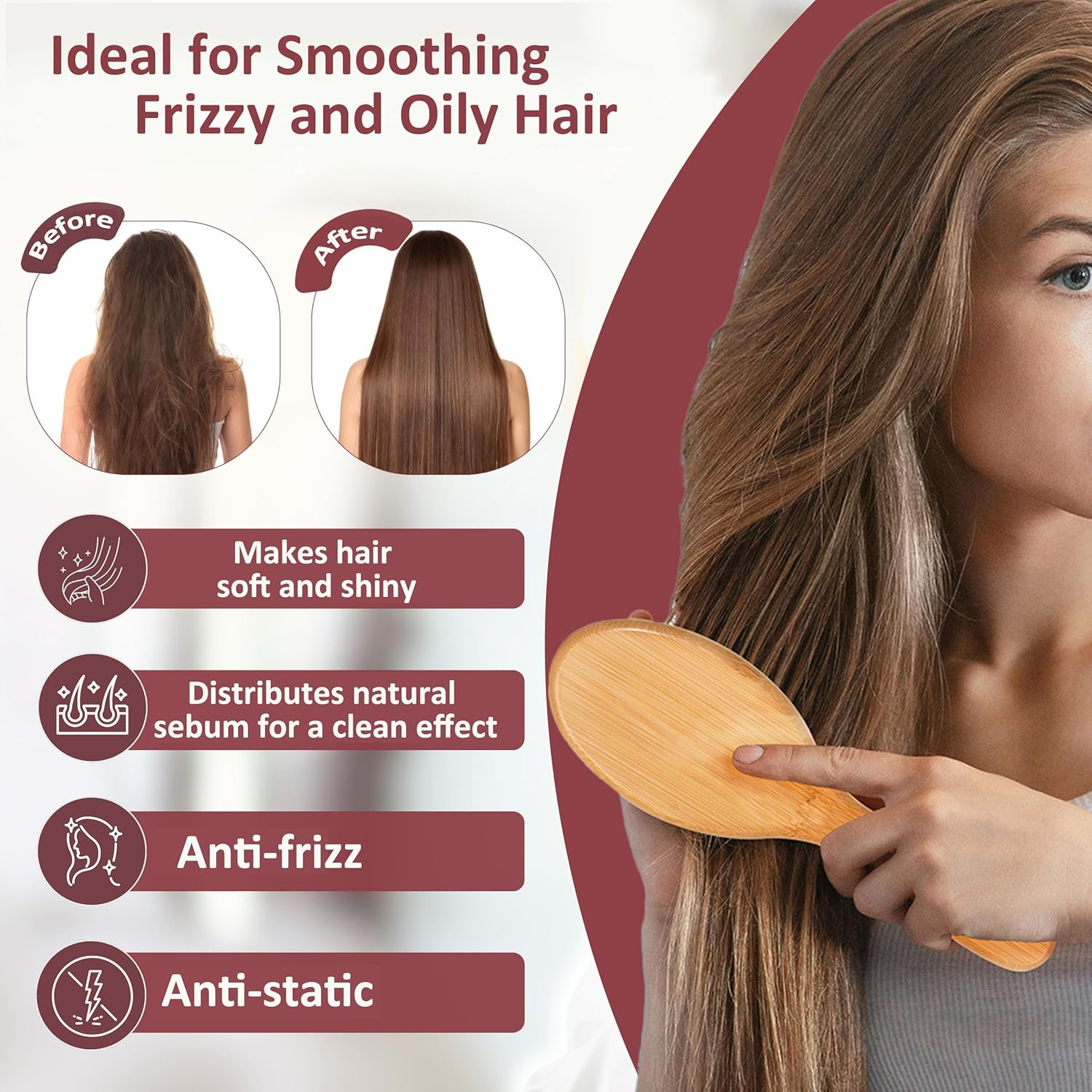 Boar Bristle Hair Brush Set, Natural Massage Hair Brush, Wooden Paddle Hairbrush, Slick Backbrush for Long and Curly Hair Thick, Hairbrush Detangling Smoothing All Hair Types image number 5