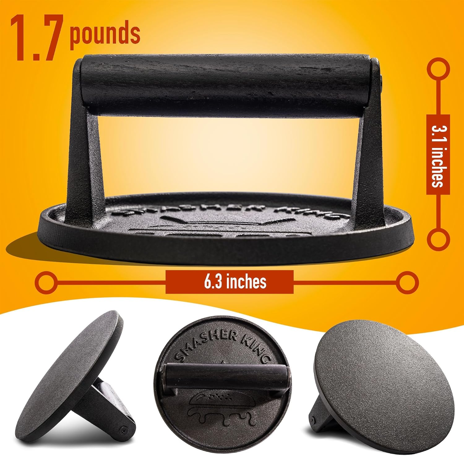 Premium Cast Iron Smash Burger Press Incl. 25 Pcs of Patty Paper, Burger Smasher for Griddle with Black Wood Handle, Perfect Hamburger Press, Meat Press, Bacon Press, Sandwich Press image number 1