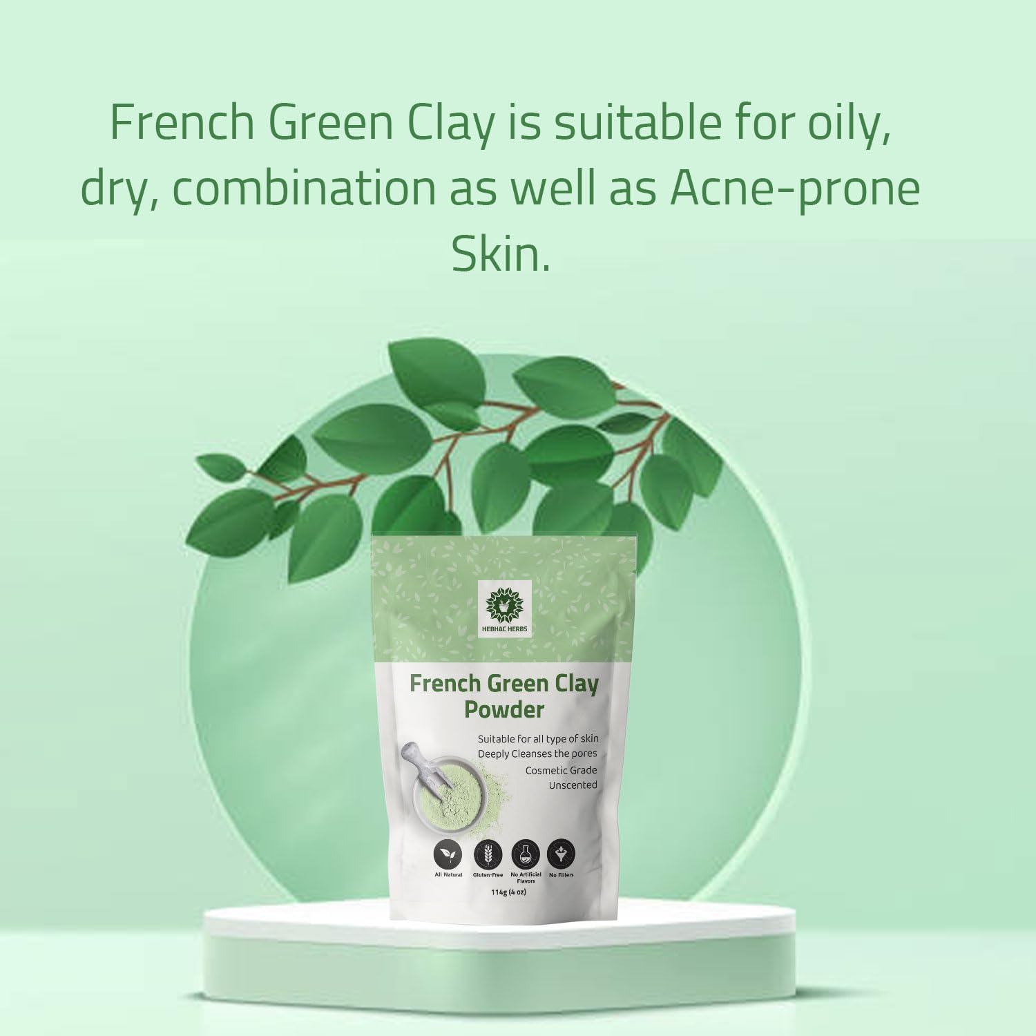 Hebhac Herbs French Green Clay Powder Face Mask Oily Skin, 114G Pack of 1