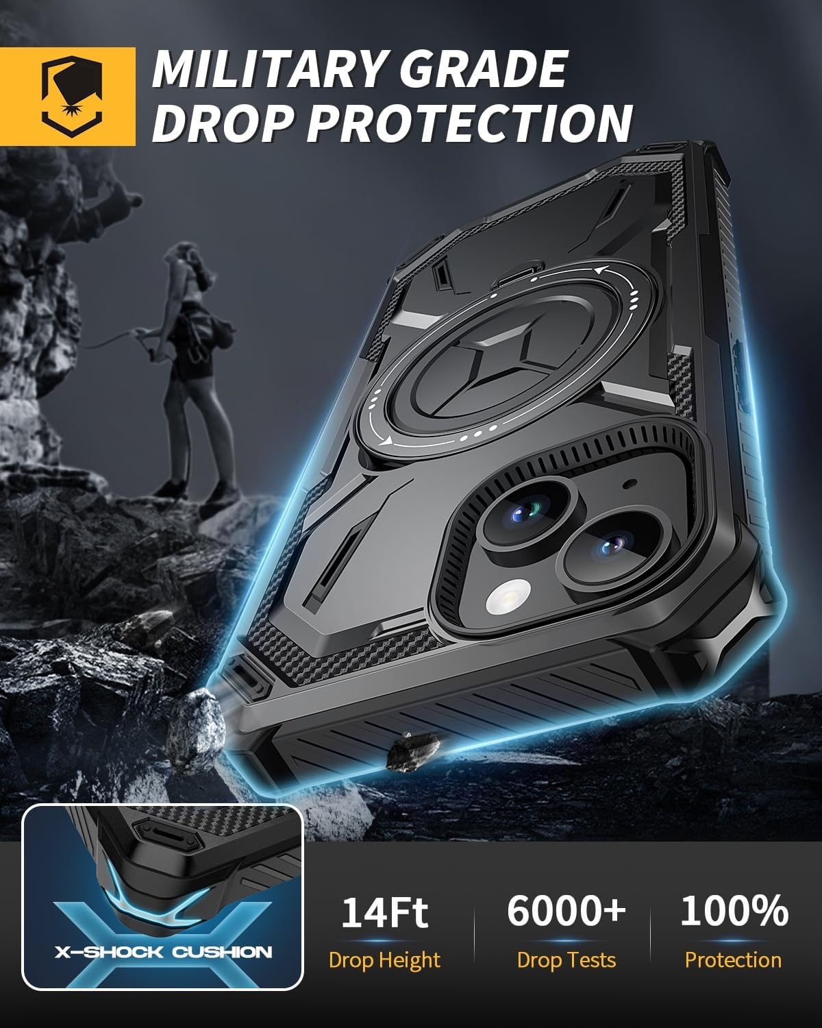 Lanhiem for Iphone 14 Case/Iphone 13 Case with 2 Pack Screen Protector, Shockproof Military-Grade Protection, Magnetic Kickstand Phone Case for Iphone 14/13, Black image number 3