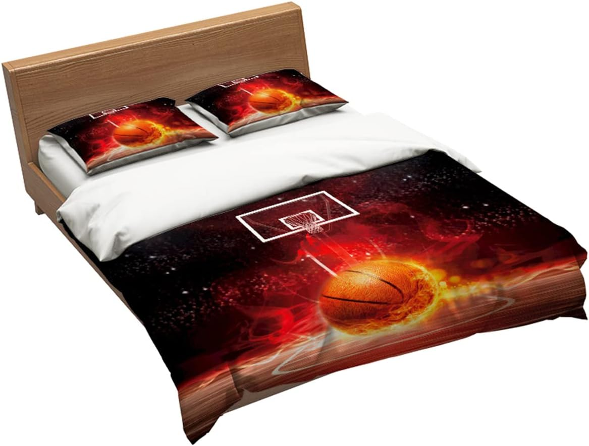 Eveone Duvet Cover Basketball Single/Double/Queen/King Size Bed Sheets Pillowcase Set Cartoon Ball Boy Dunk Sport Fire Orange Game Black Kid Astronaut Bedding 3/4PCS (Double-180 * 210Cm-3Pcs,1) image number 3