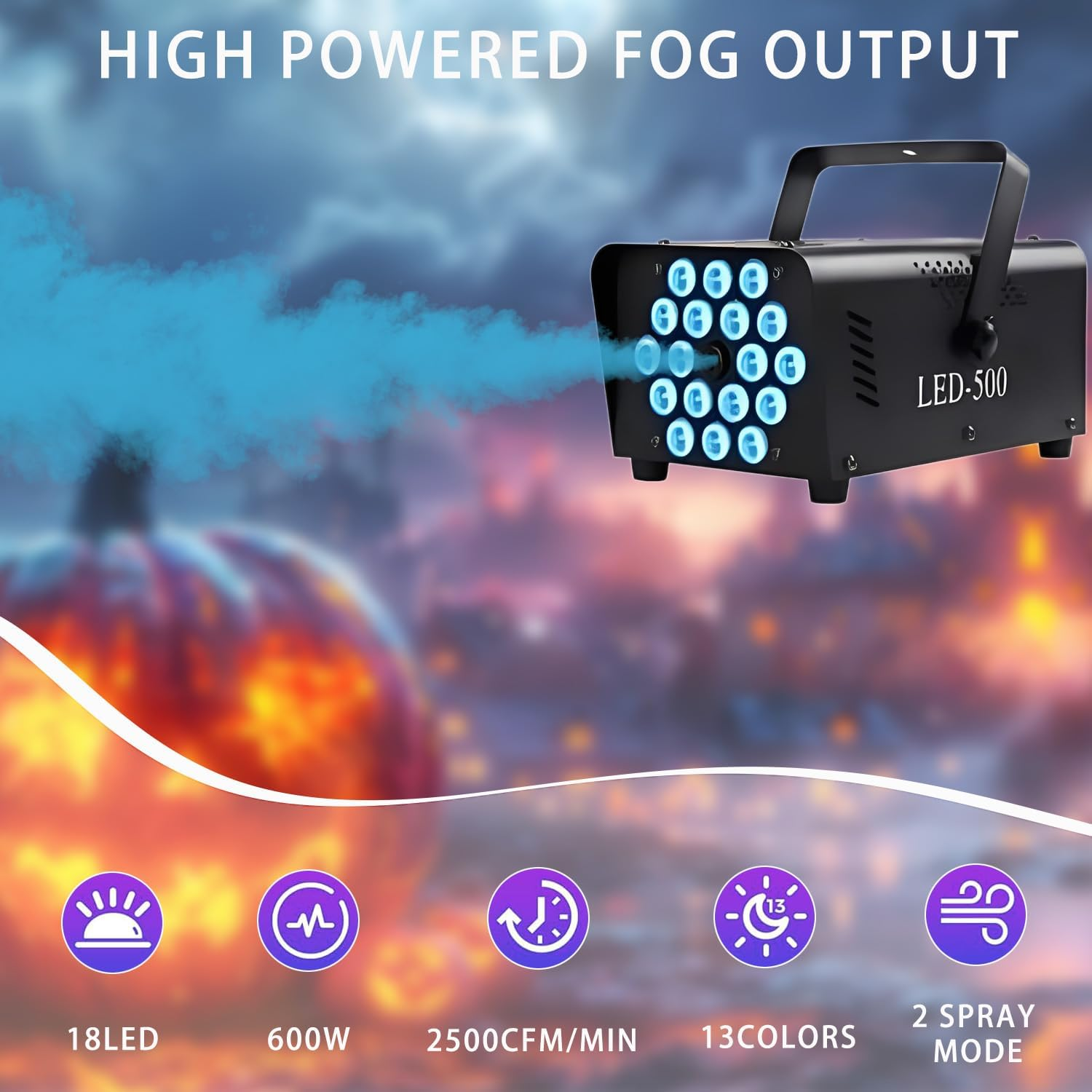 Fog Machine with Light 18 LED Smoke Machine Outdoor for Parties Wedding, 13 Colors Smoke Machine Fog Indoor with 2 Wireless Remote Controls, 500W 2000CFM Outdoor Party Fog Machine for Halloween DJ image number 6
