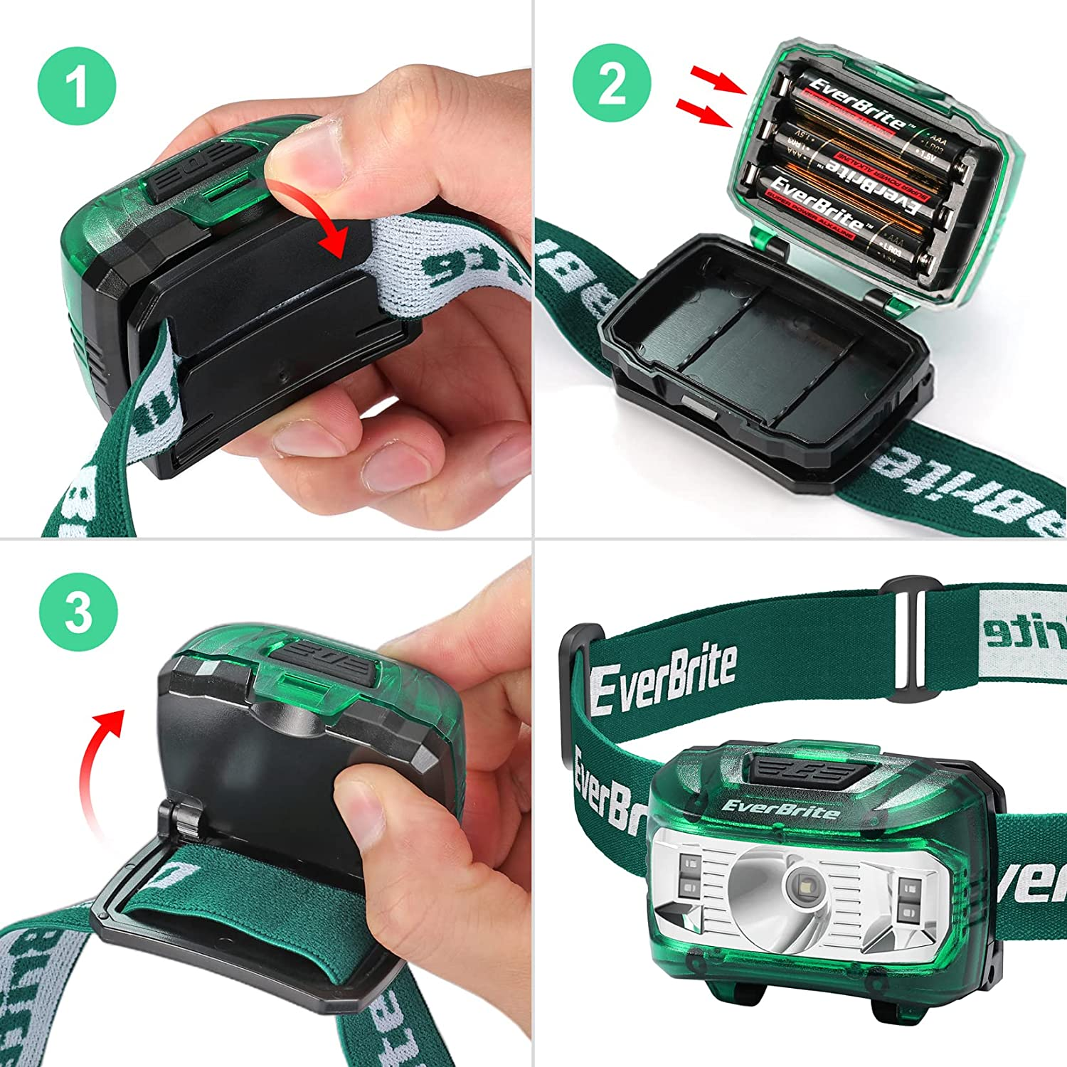 Everbrite Headlamp, 2 Pack Kids Headlamp with Red Light and Memory Function, Head Lamp for Adults and Kids with 5 Modes, Bright Headlamps for Camping, Running, Batteries Included, Green image number 6