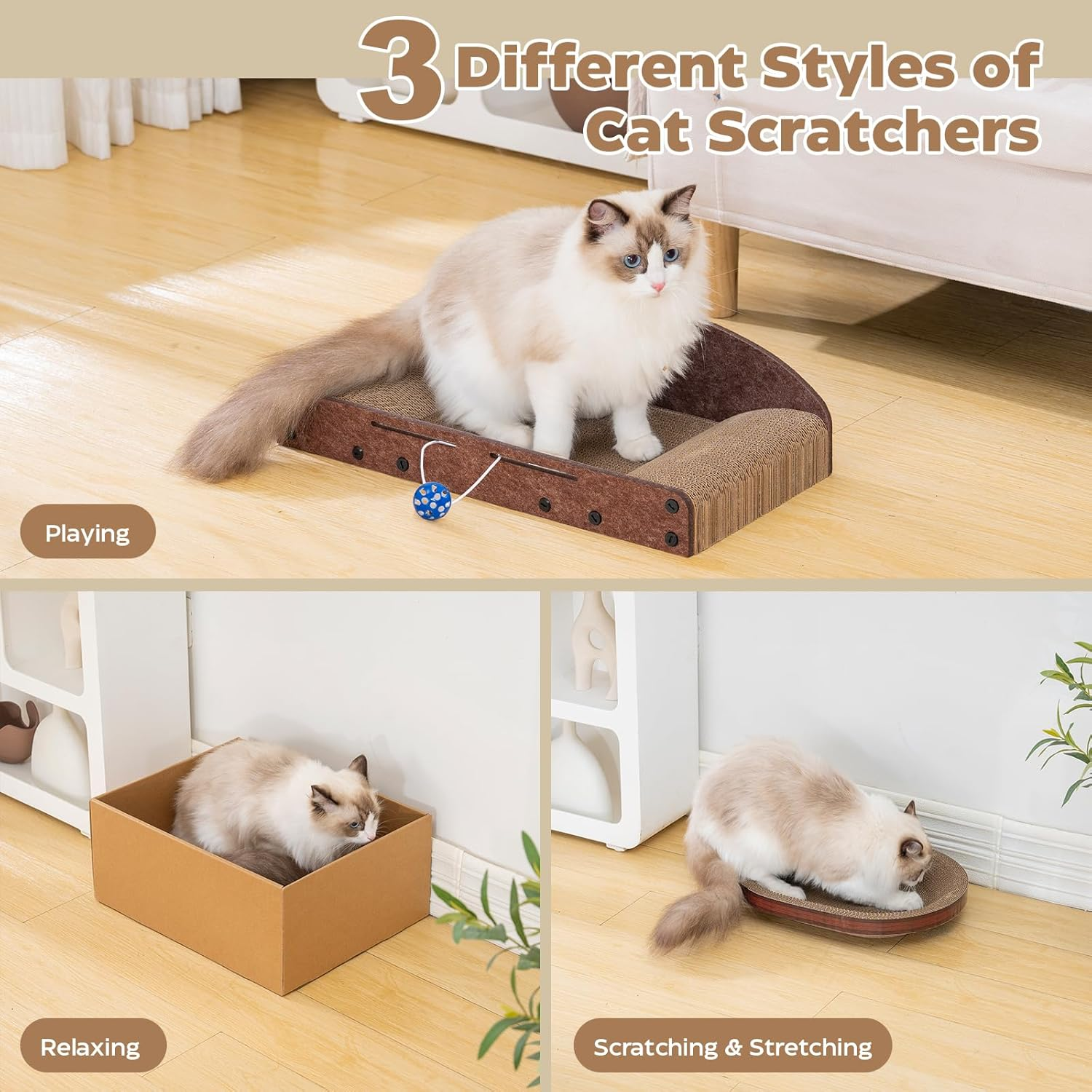 Avont Cat Scratcher Set, 3 Pcs Cardboard Cat Scratchers for Indoor Cats Durable Corrugated Cardboard Scratch Board Bed Lounge Box Toys for Kittens, Furniture Protector for Couch image number 3