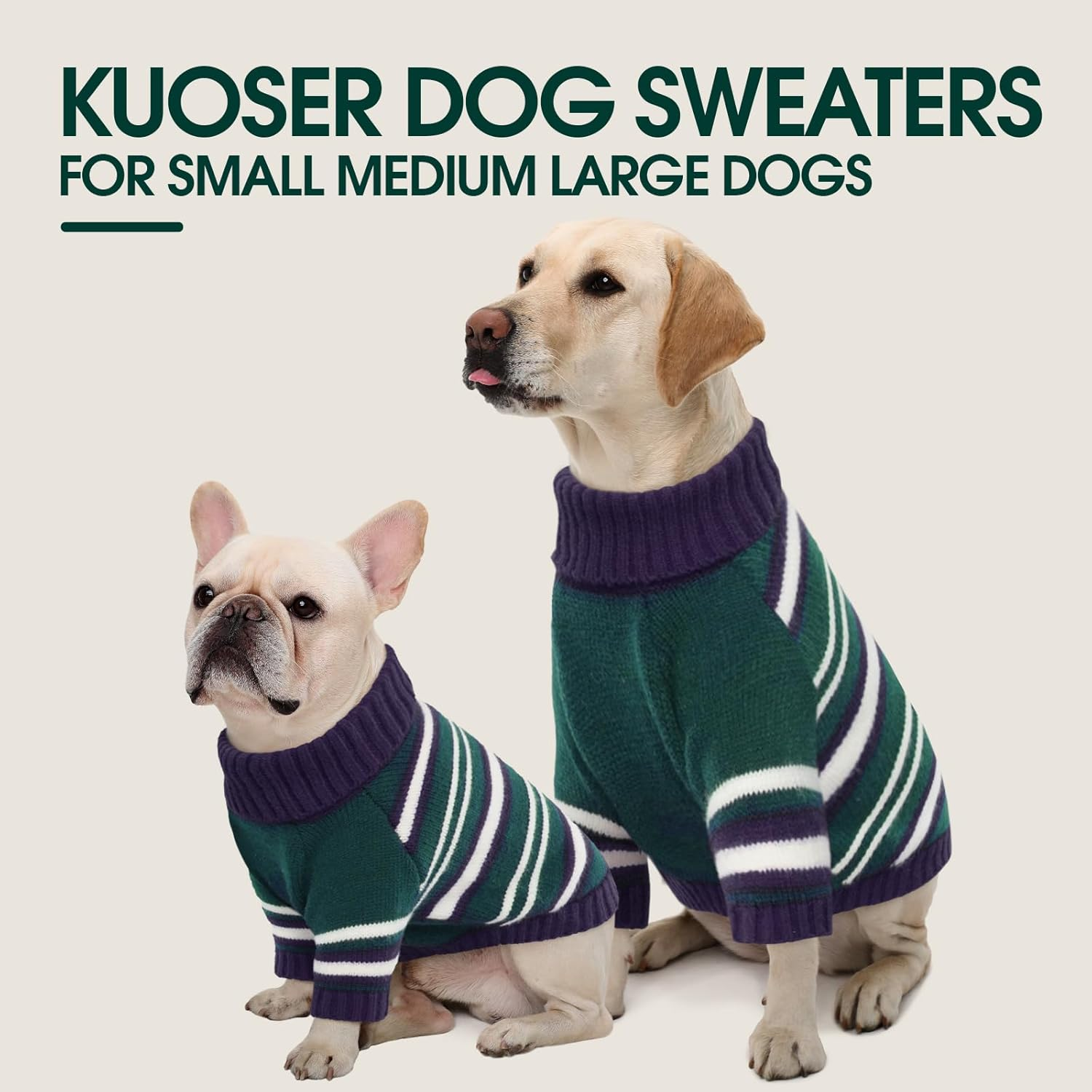 Kuoser Dog Sweater,Warm Dog Sweaters for Large Dogs,Turtleneck Thick Large Dog Sweater Christmas Outfit,Pet Winter Clothes Doggie Knitwear Girl Boy for Holiday(2Xl,Green Strips)