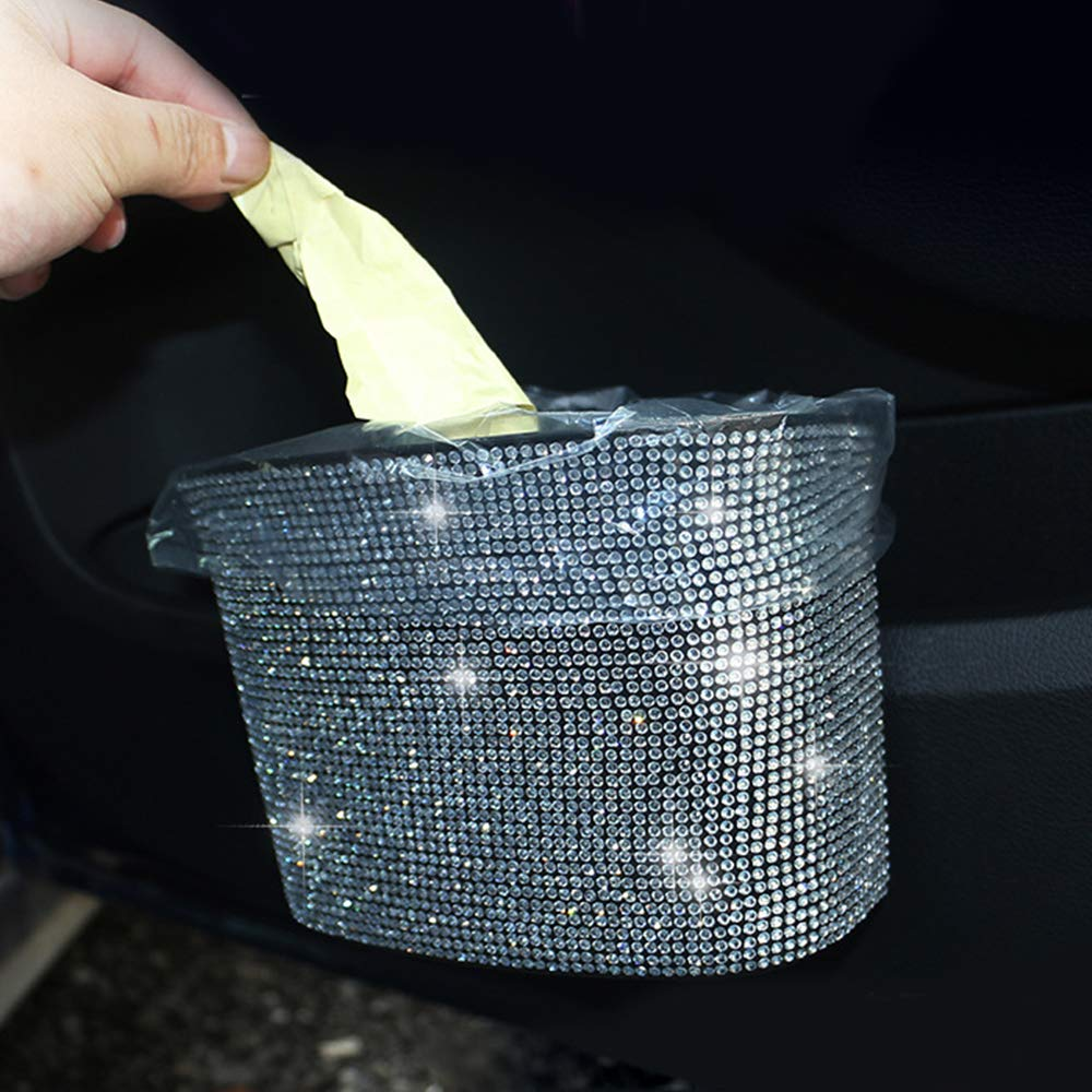 Idain Bling Crystal Car Trash Can Auto Hanging Car Trash Can Sparkling Storage Holder Litter Container for Vehicle Office Home (White Rhinestone) image number 2
