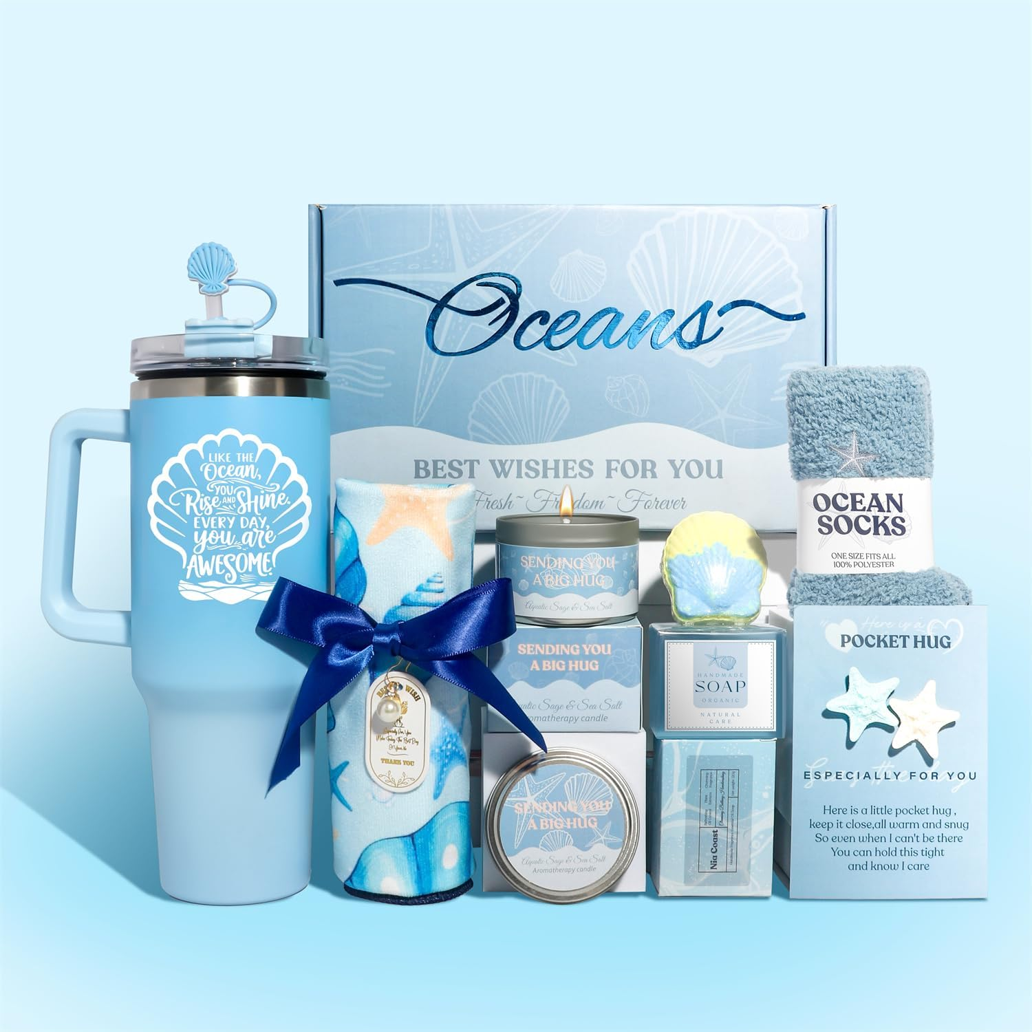 Birthday Gifts for Women,Ocean Themed Self Care Package Spa Gift Baskets Get Well Soon Gift Set with 40Oz Shell Tumbler, Soy Candle, Bath Bomb, Hair Towel, Fuzzy Socks, Soap, Blue image number 4