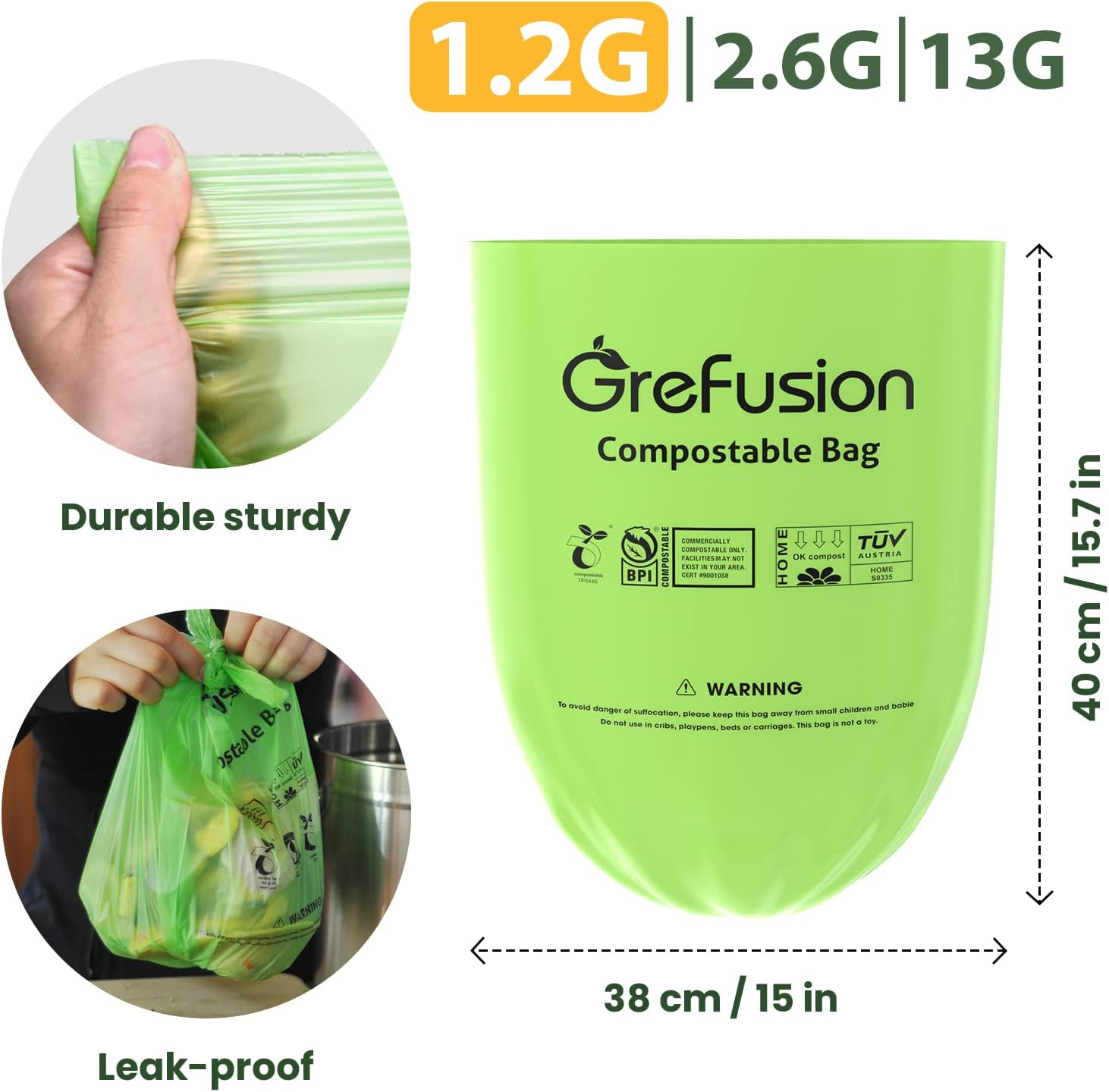 Grefusion Compostable Trash Bags for Kitchen Bin 1.2 Gallon, 125 Count, Small Food Scrap Waste Bags for Countertop Bin, BPI, ASTM D6400 and OK Compost Certified - 1.2G-150Count image number 4