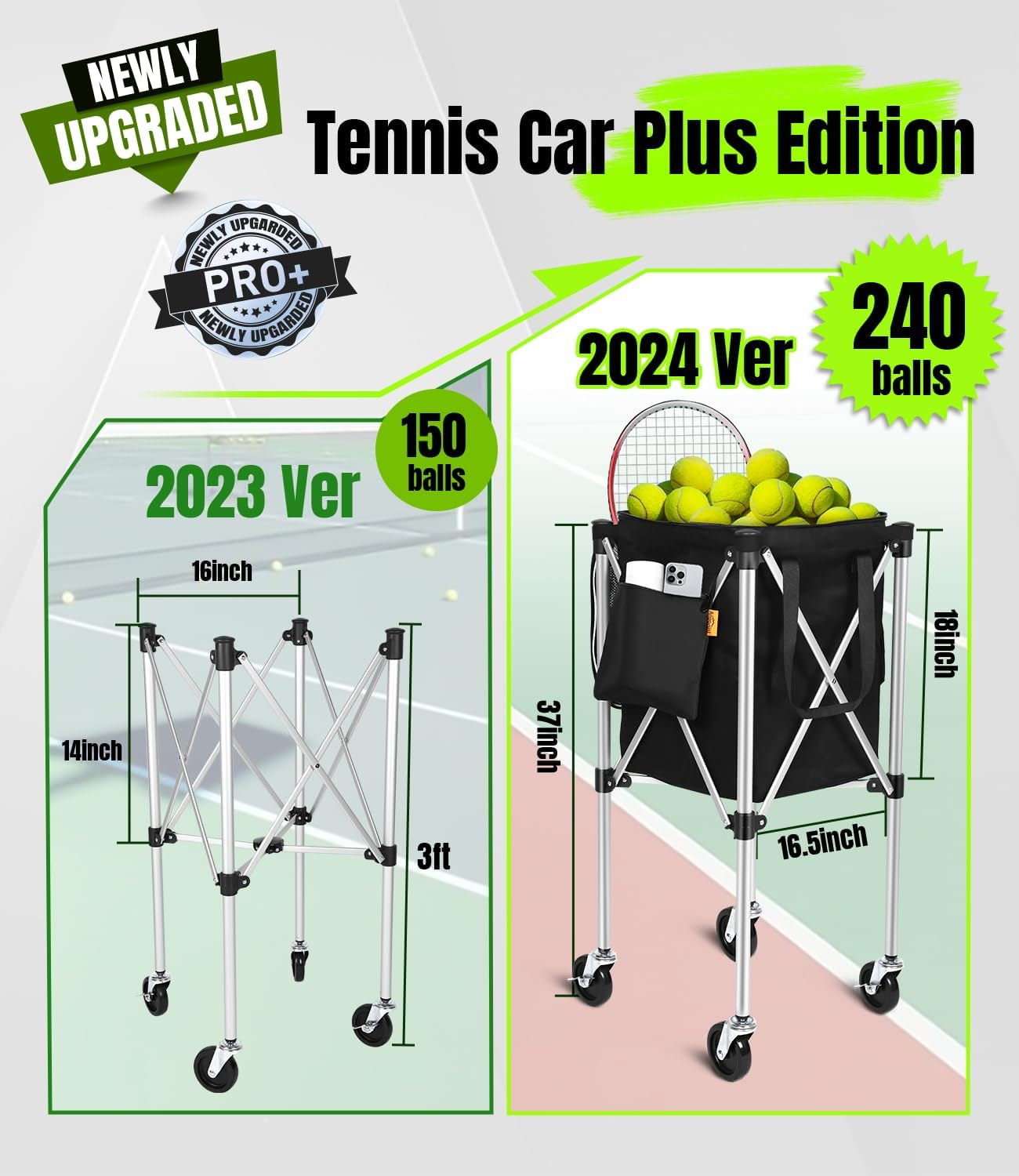 Angooni Professional Foldable Tennis Ball Cart, 2 Capacity Choices - Holds 150 or 240 Balls, Lightweight Waterproof Tennis Ball Hopper, Portable Storage Sports Teaching Cart for Practice and Matches image number 6