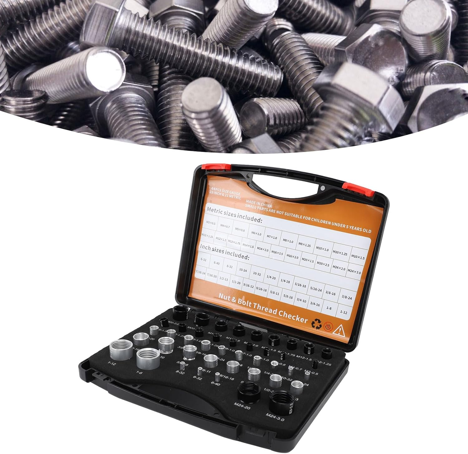 Nut and Thread Checker, 44Pcs Carbon Steel High Accuracy Size and Thread Gauge, Portable Identifier with Storage Box for Imperial and Metric Nuts image number 1