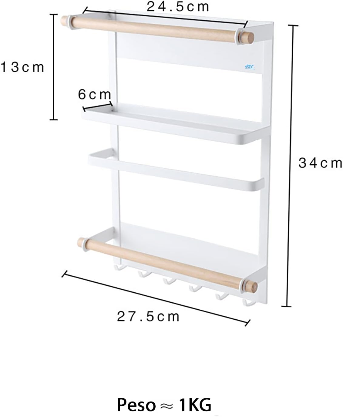 SIC Magnetic Refrigerator Hanging Spice Rack with Roller Rod Metal Frame with Space Saving Hooks (White)