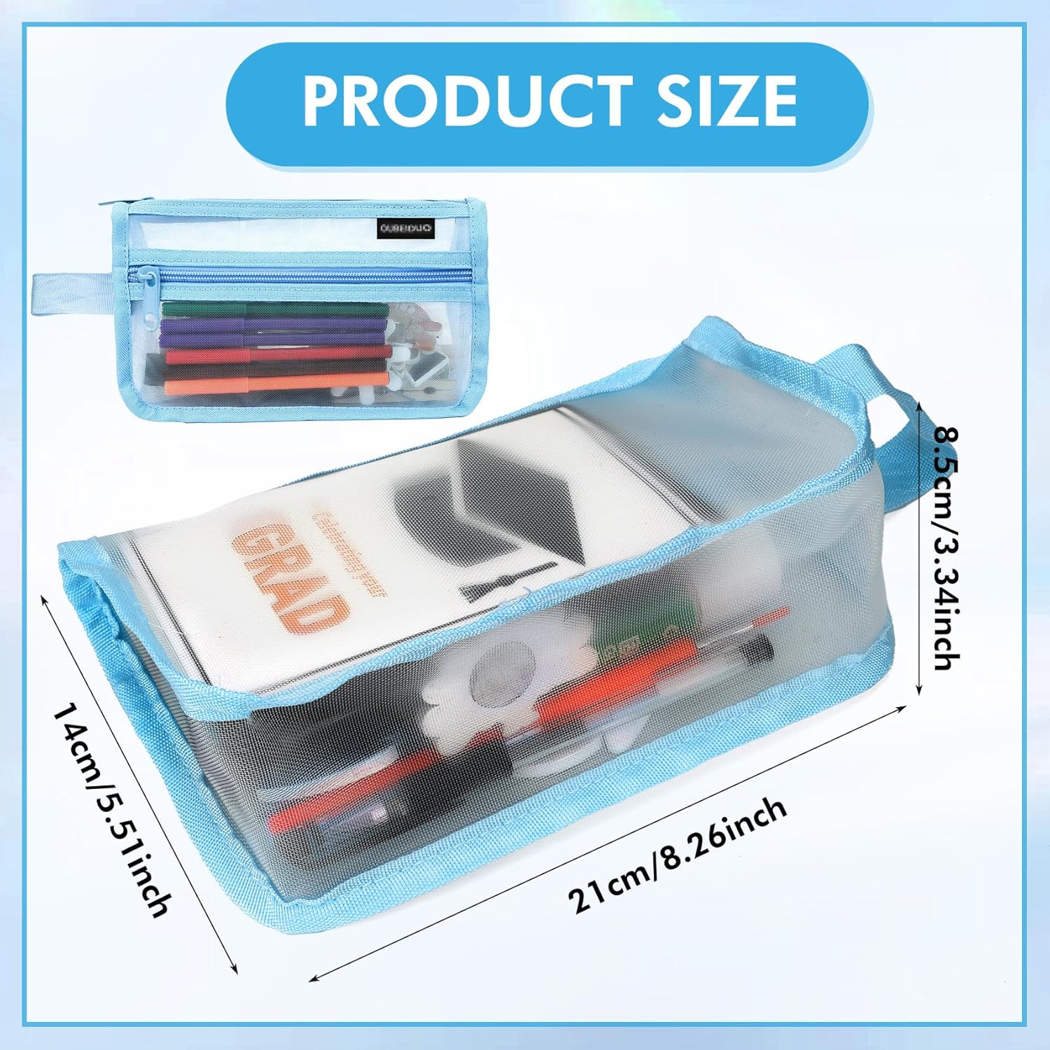 Mesh Transparent Pencil Case,Grid Mesh Pencil Case with Zipper,1Pcs Blue Clear Case Large Pen Bag,Multifunctional Mesh Pen Pouch,Transparent Portable Storage Organizer Holder for Makeup Tool image number 3