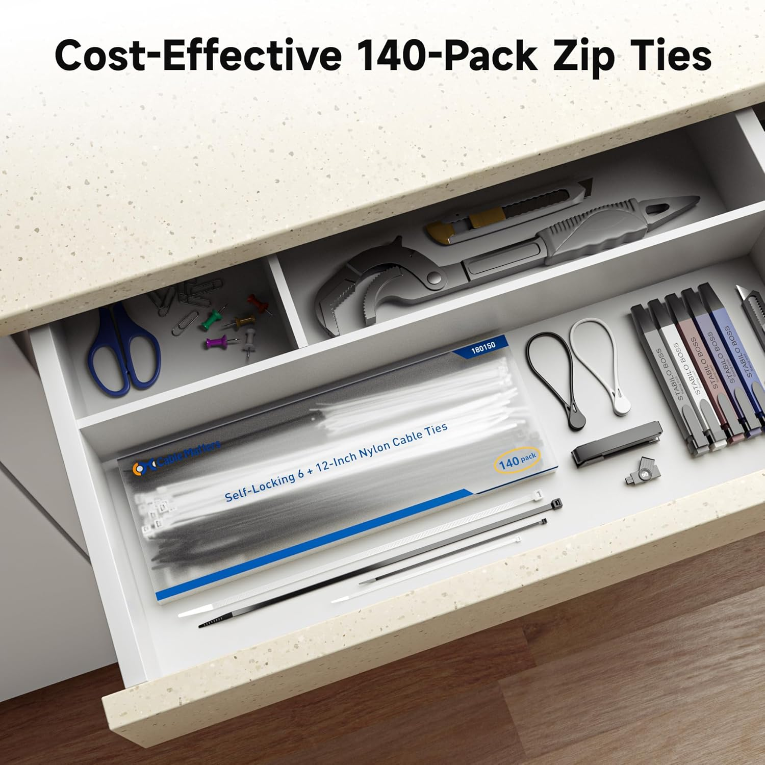 Cable Matters 140-Pack Cable Ties for Indoor and Outdoor, 6, 12-Inch Self-Locking Nylon Zip Ties Assorted Sizes, Wire Ties, Tie Wraps for Multiple Use, Self Locking Zipties in Black and White image number 3