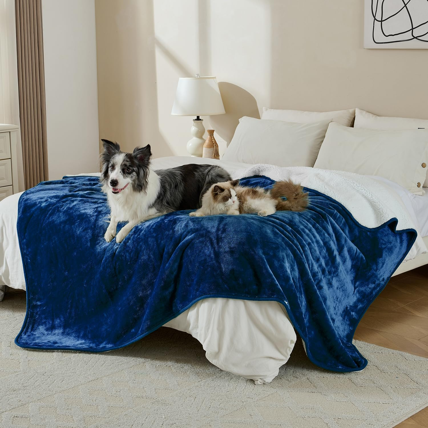 Waterproof Blanket for Bed Couch Sofa, Soft Liquid Pee Proof Pet Blankets for Dogs Cats, Reversible Sherpa Fleece Blanket for Furniture Protector (Navy Blue, 152X203Cm) image number 6