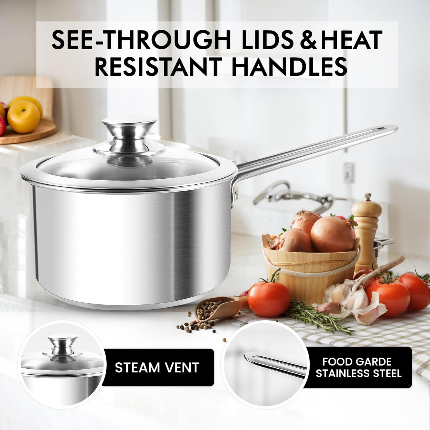 ASKSCICI 10-Piece Stainless Steel Cookware Set: Premium Kitchen Pots and Pans Set with Ergonomic Handles, Induction Compatible - Includes Saucepans, Skillets, Dutch Oven, Stockpot, Steamer, and More image number 5