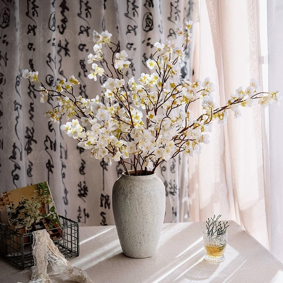 Artificial Cherry Blossom Flowers, 3 Pcs Faux Cherry Blossom Stems Faux Silk Peach Flower Branches 104CM/ 41" Fake Flowers Long Stems for Vase Arrangements Wedding Table Garden Home Decor, White image number 2