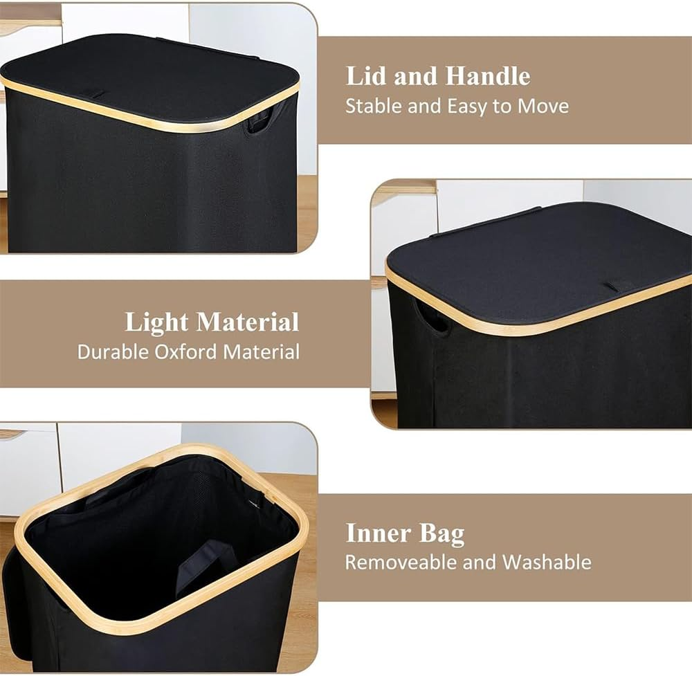 Laundry Hamper with Lid, Large Foldable Laundries Hampers, Slim Laundry Hampers with Lid, Cloth Storage Basket, Black Hamper for Laundriese, Removable Inner Bag, Narrow Laundries Basket image number 5
