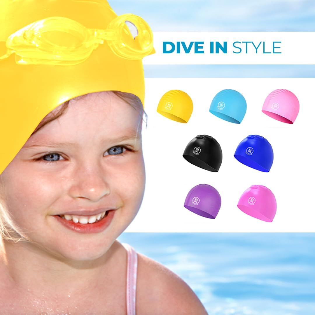 Swimming Caps for Kids- 100% Silicone Waterproof Durable and Odour Free Swim Hat - Stretchable, anti Slip Swim Cap - Swimming Hat for up to 5-12 Years with Protective Pouch - Black image number 6