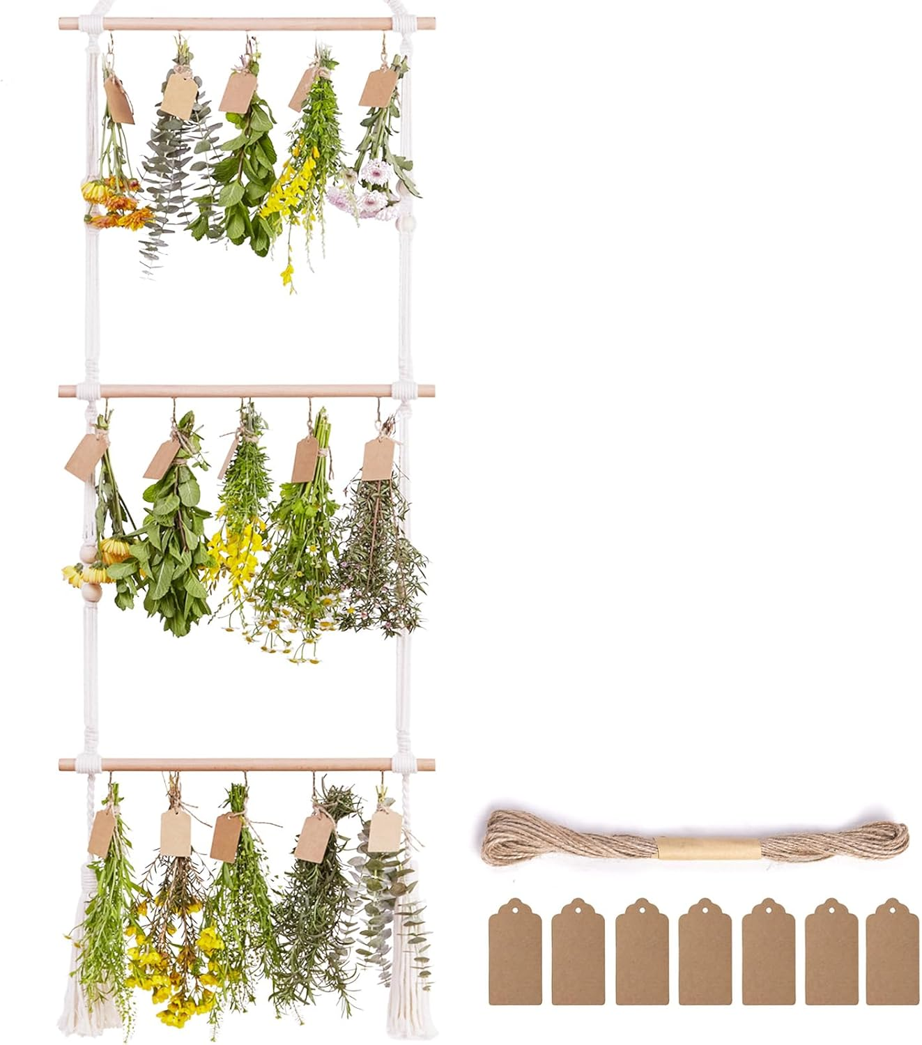 PROTITOUS 2Tier Herb Drying Rack Flower Drying with 25PCS Brown Gift Tags and 32Ft Natural Jute Twine Herb Dryer,Herb Drying Rack,Hanging Herb Dryer Rack, Ivory image number 2