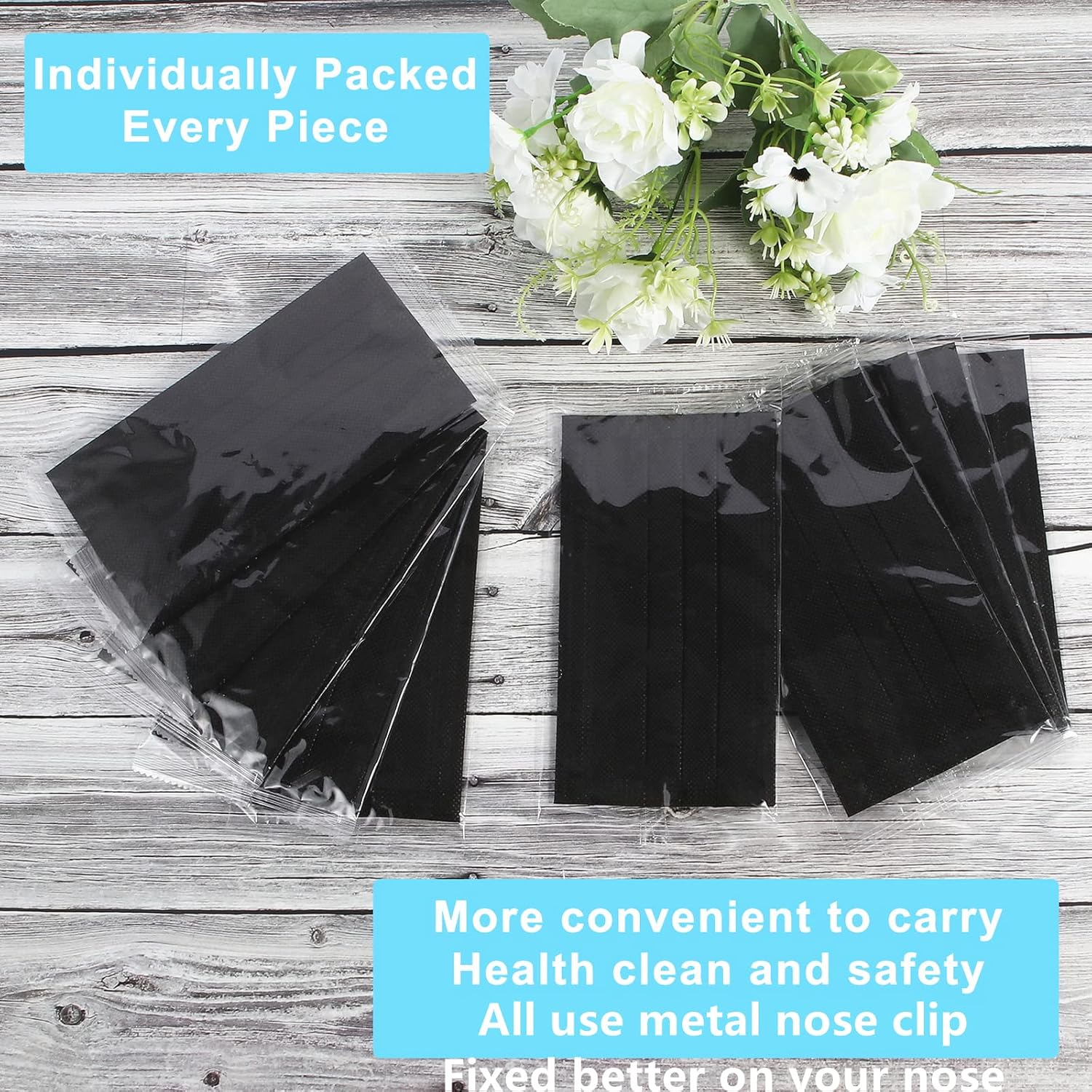 Mystcare Individually Wrapped Masks 100 Pack Disposable,Face Mask Protection for Adults 3-Layer Filter Safety Face Masks(100, Black) image number 3