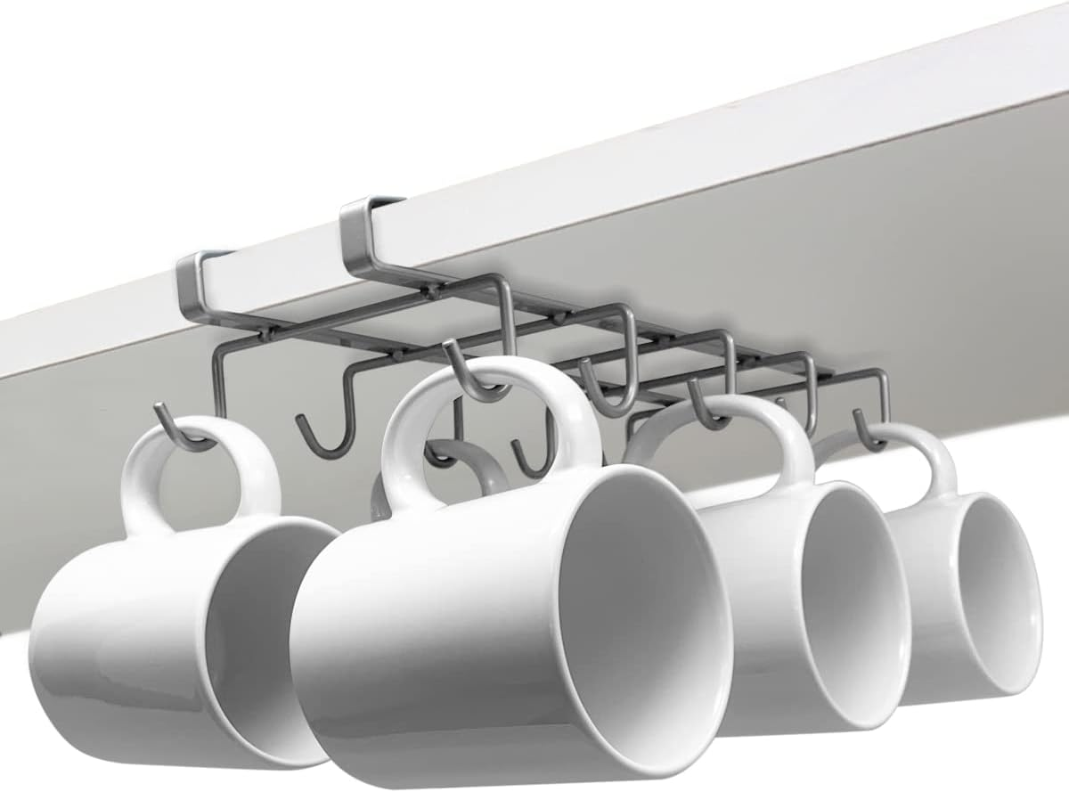 Joeji'S Kitchen Mug Holder & Cupboard Organiser | Silver Kitchen Cupboard Storage Organiser Ideal as Cup Holder or Mug Rack | Iron Wire Cupboard Shelf Organiser with Mug Hooks under Shelf image number 6