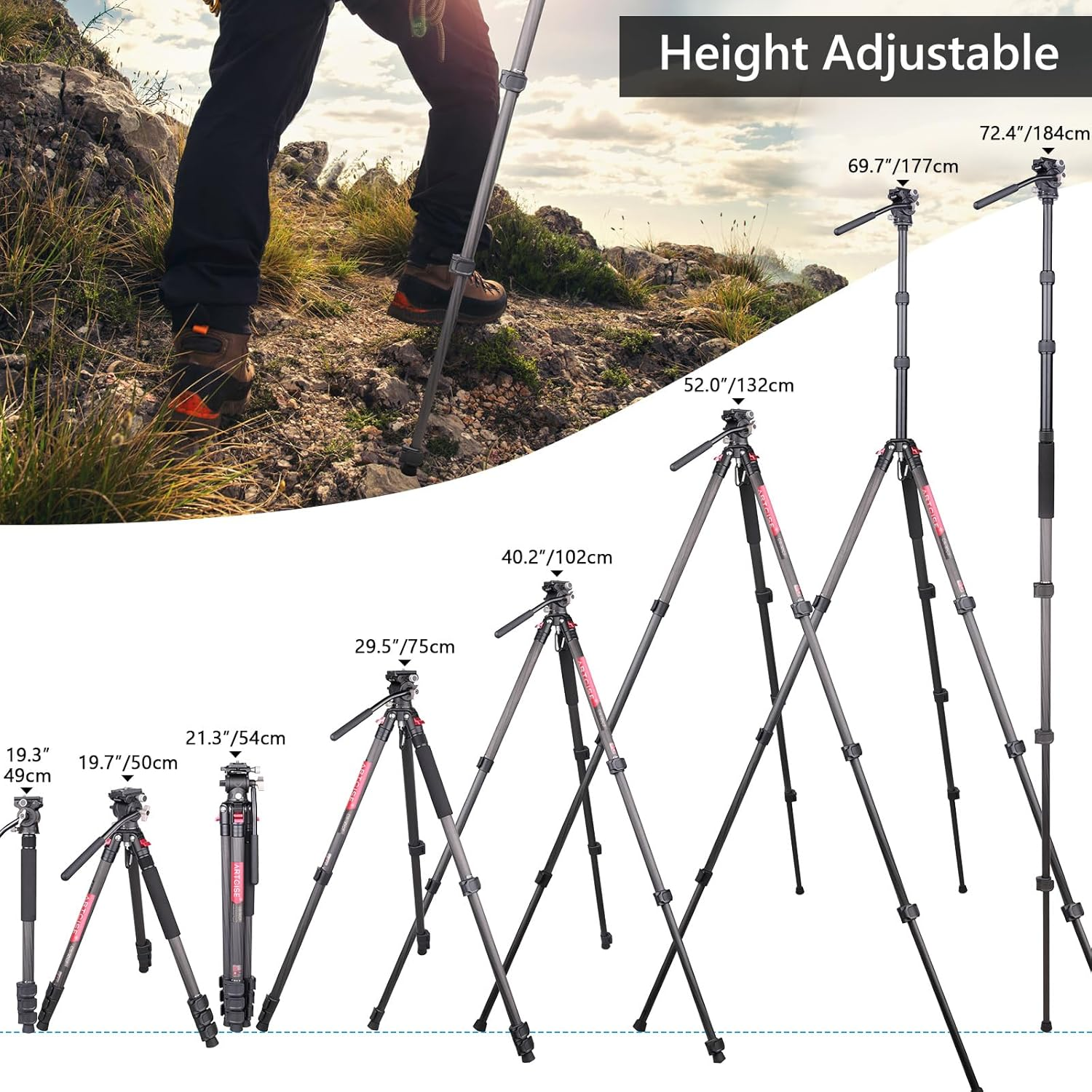 69.7" Lightweight Compact Carbon Fiber Tripod W/Detachable Monopod Video Head，Carbon Fiber Tripod, Lever Lock Professional Heavy Duty Camera Tripod Head