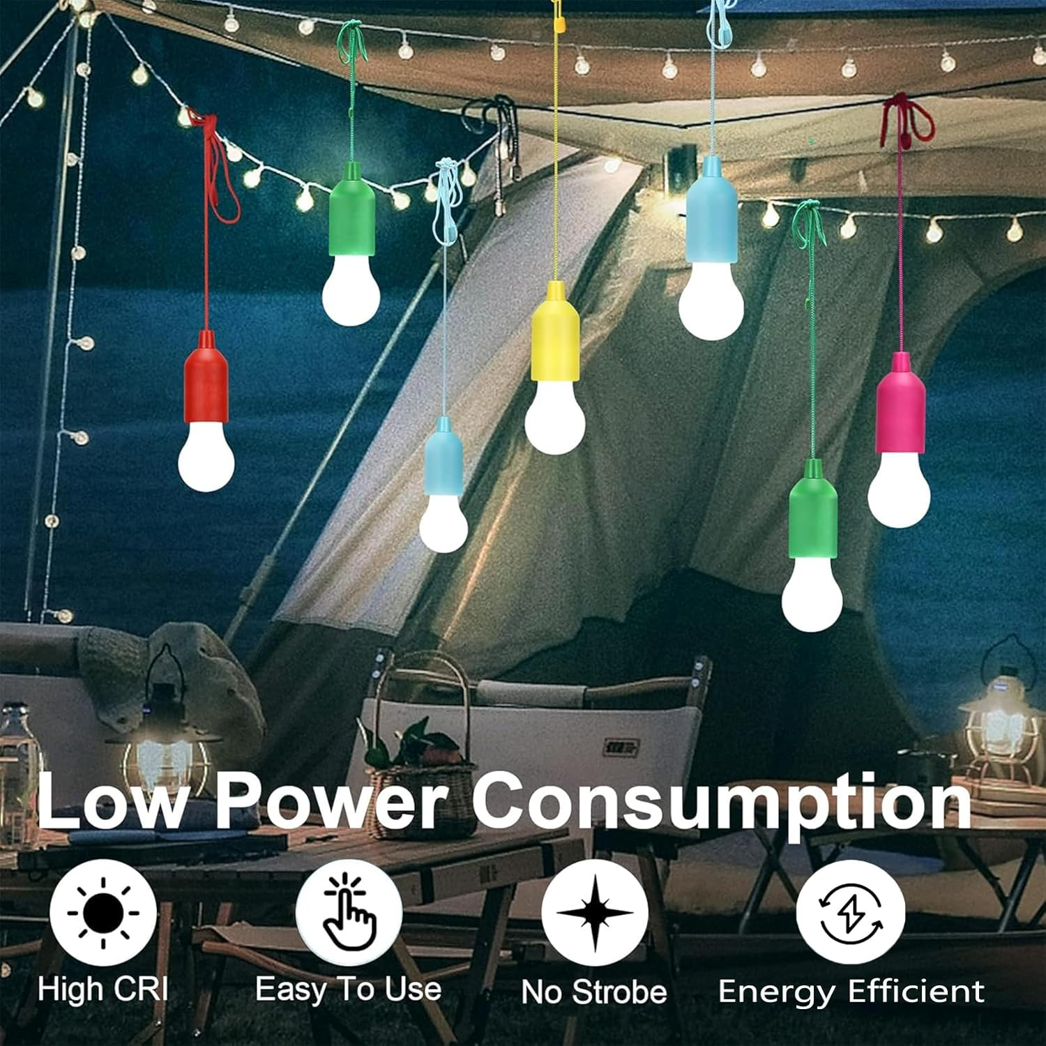 Pocketman LED Pull Cord Light Bulb, 5 Packs Portable Battery Operated Camping Tent Lamp, Waterproof Hanging Night Lamp Lights, for Backyard, Garden, Party, Camping image number 5