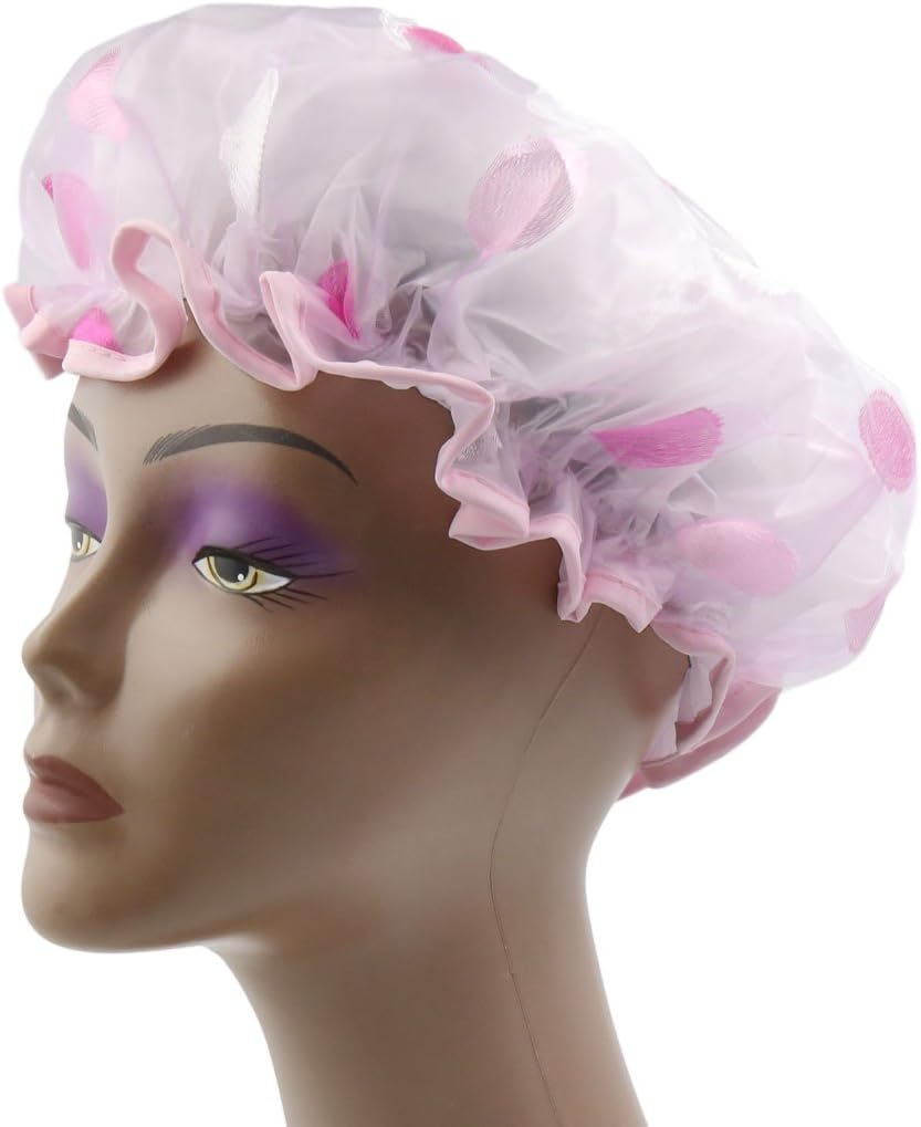 Ruilogod Rose Red PEVA Lining Dual Layers Big Dots Waterproof Shower Bath Salon Hair Cap Hat image number 1