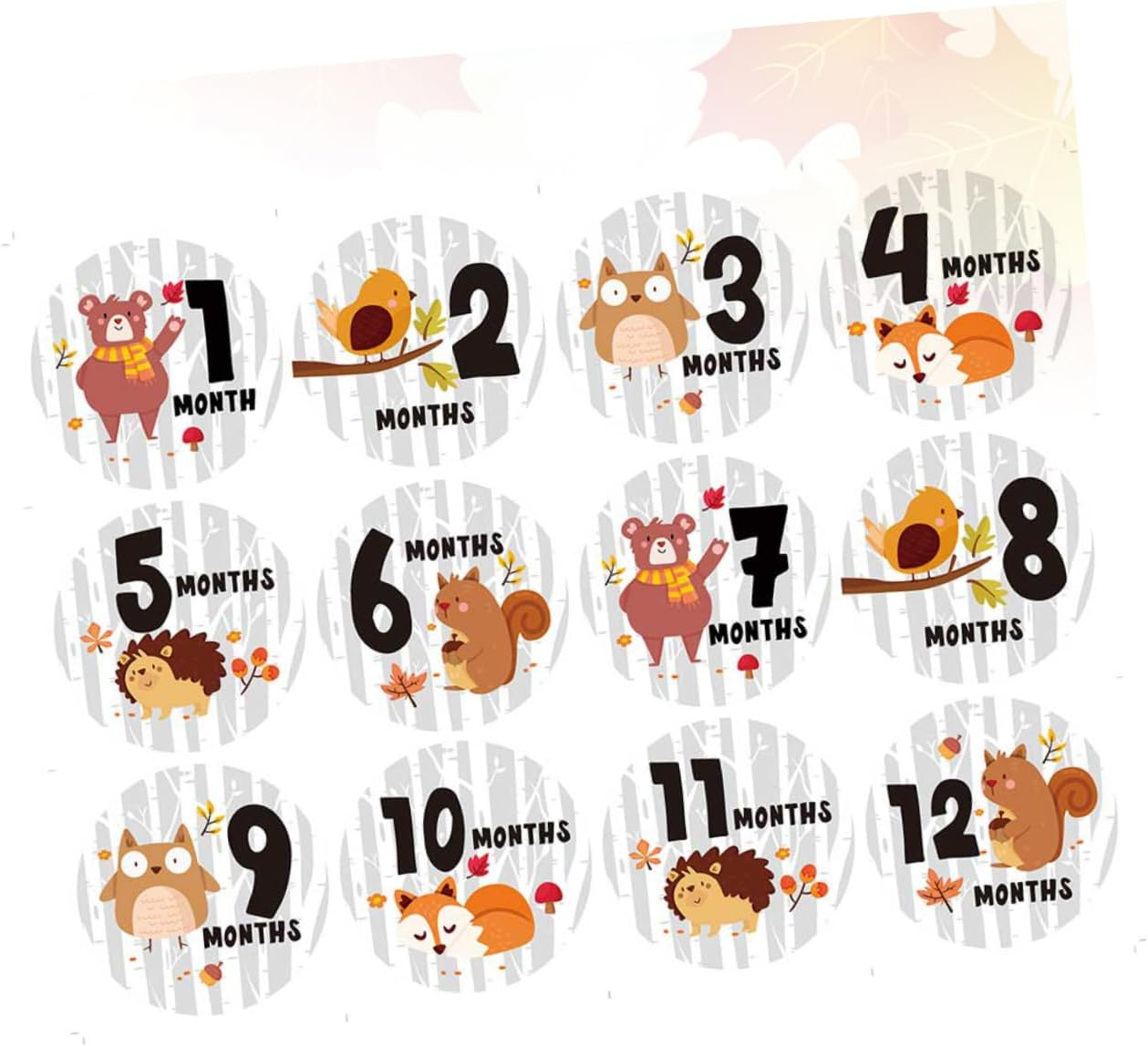 12Pcs Milestone Stickers Months Newborn Photography round Shape Animal Pattern Belly Stickers image number 5