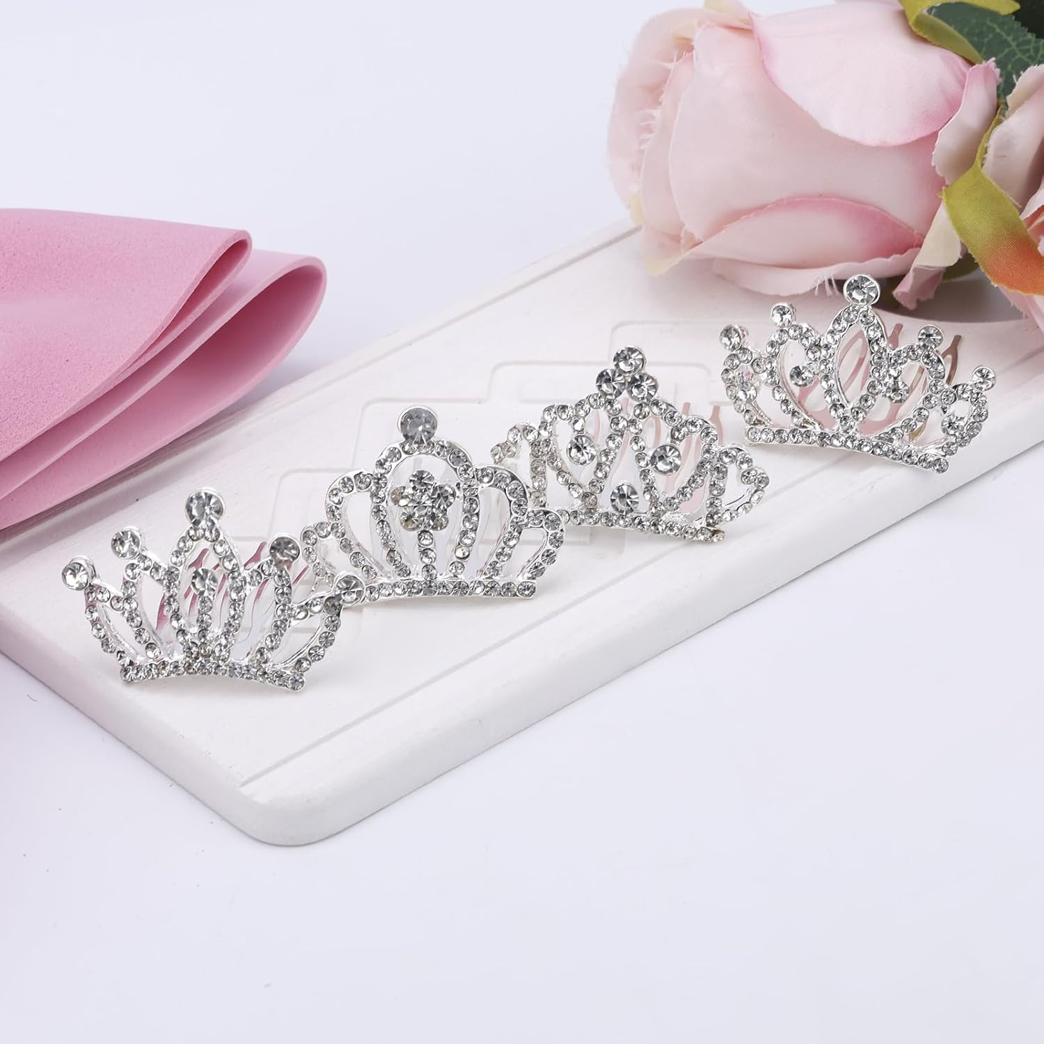 4Pcs Small Crowns, Zinc Alloy Rhinestone Mini Princess Crown Hair Clip Silver Shiny Hair Accessories for Women Birthday Wedding Cake Decoration Princess Costume Halloween