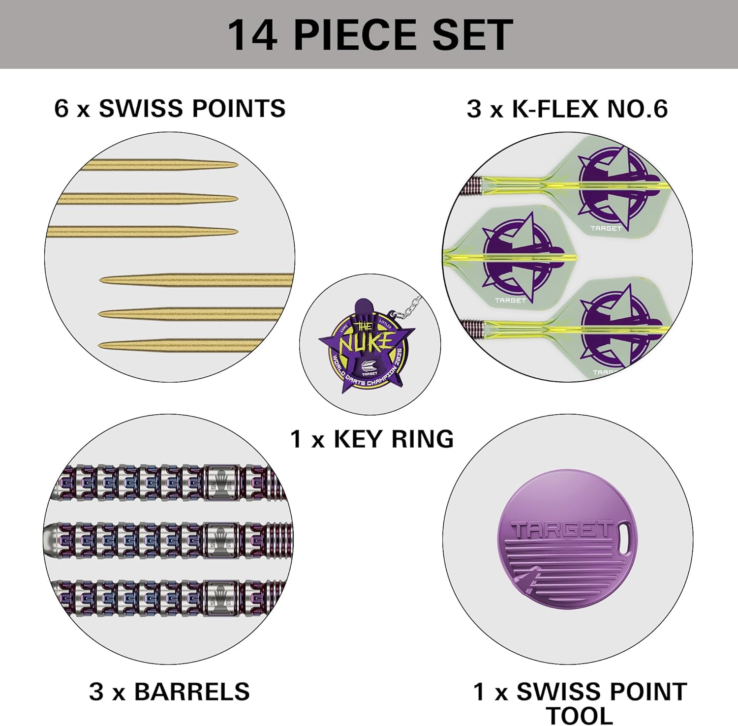 Target Darts Luke Littler World Champion Swiss Point Steel Darts 90% Tungsten Dart Set, 23G | the Nuke 2025 Special Edition K-Flex, Includes Key Ring, SLK Swiss Point Tips and Swiss Tool