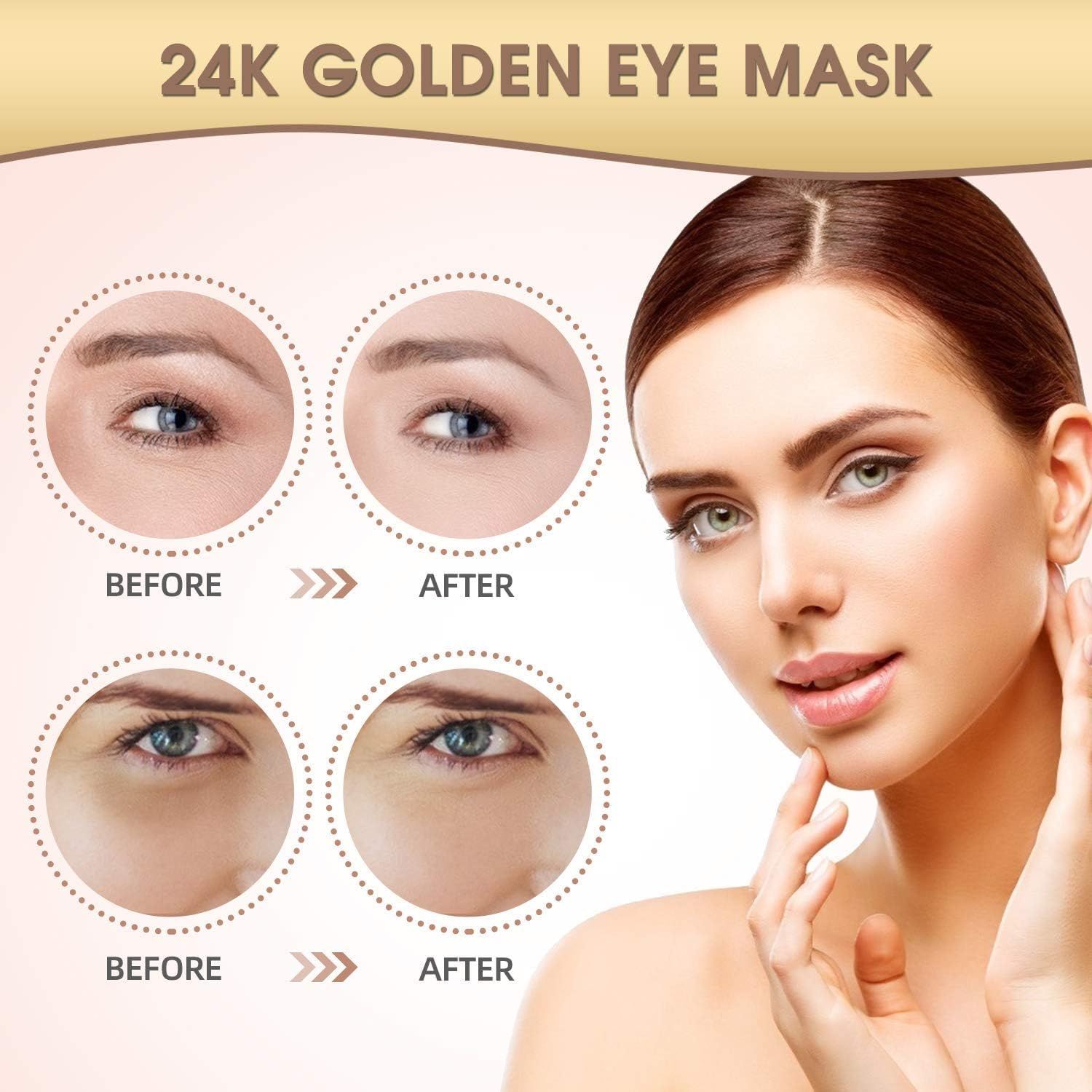 60Pieces Collagen Eye Masks, 24K GOLD under Eye Patches, Dark Circles and Wrinkles, Anti-Aging, Gel Pads for Puffiness and Bags, Immune System Support for Eyes, with Hyaluronic Acid, Deep Moisturizing - Gold image number 3