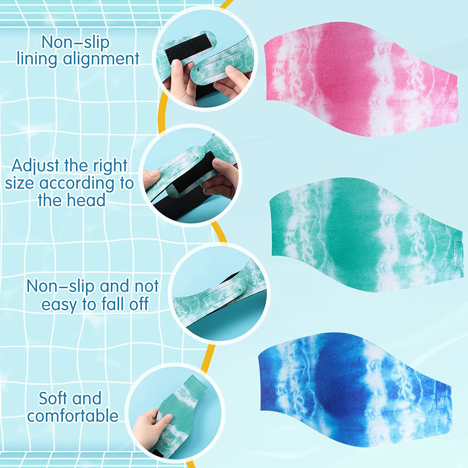 3 Pieces Swimming Headband Waterproof Swim Ear Band Elastic Ear Protection Band for Swimmers Adult Men Women Kids Block Water Secure Earplugs Water Protection Bath Shower Pool Beach (Tie Dye Style) image number 6