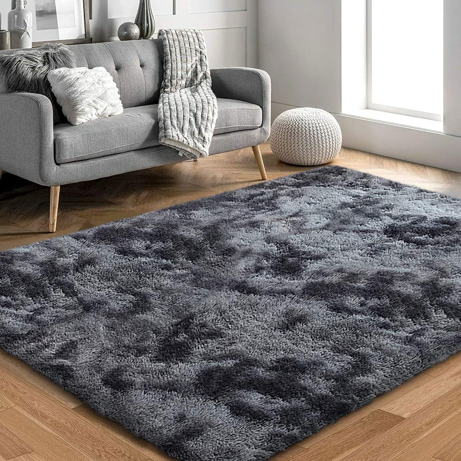 Leesentec Super Soft Indoor Modern Shag Area Silky Smooth Fur Rugs Fluffy Rugs Anti-Skid Shaggy Area Rug Dining Room Home Bedroom Carpet Floor(Black Gray, 200X250Cm) image number 4