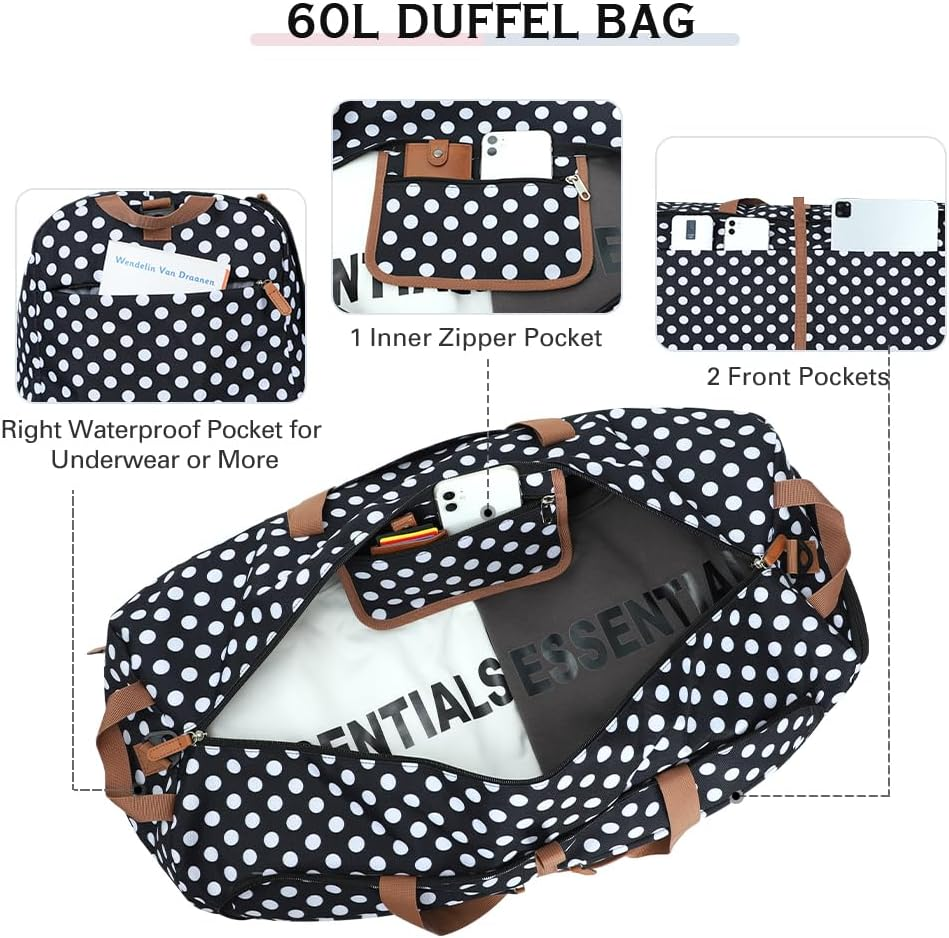 Lekesky Large Foldable Travel Duffe Bag - Waterproof Holdall Luggage Bag with Shoes Compartment, Weekend Overnight Sports Bag for Women and Men, White Dots, 80L, Travel Bag image number 1