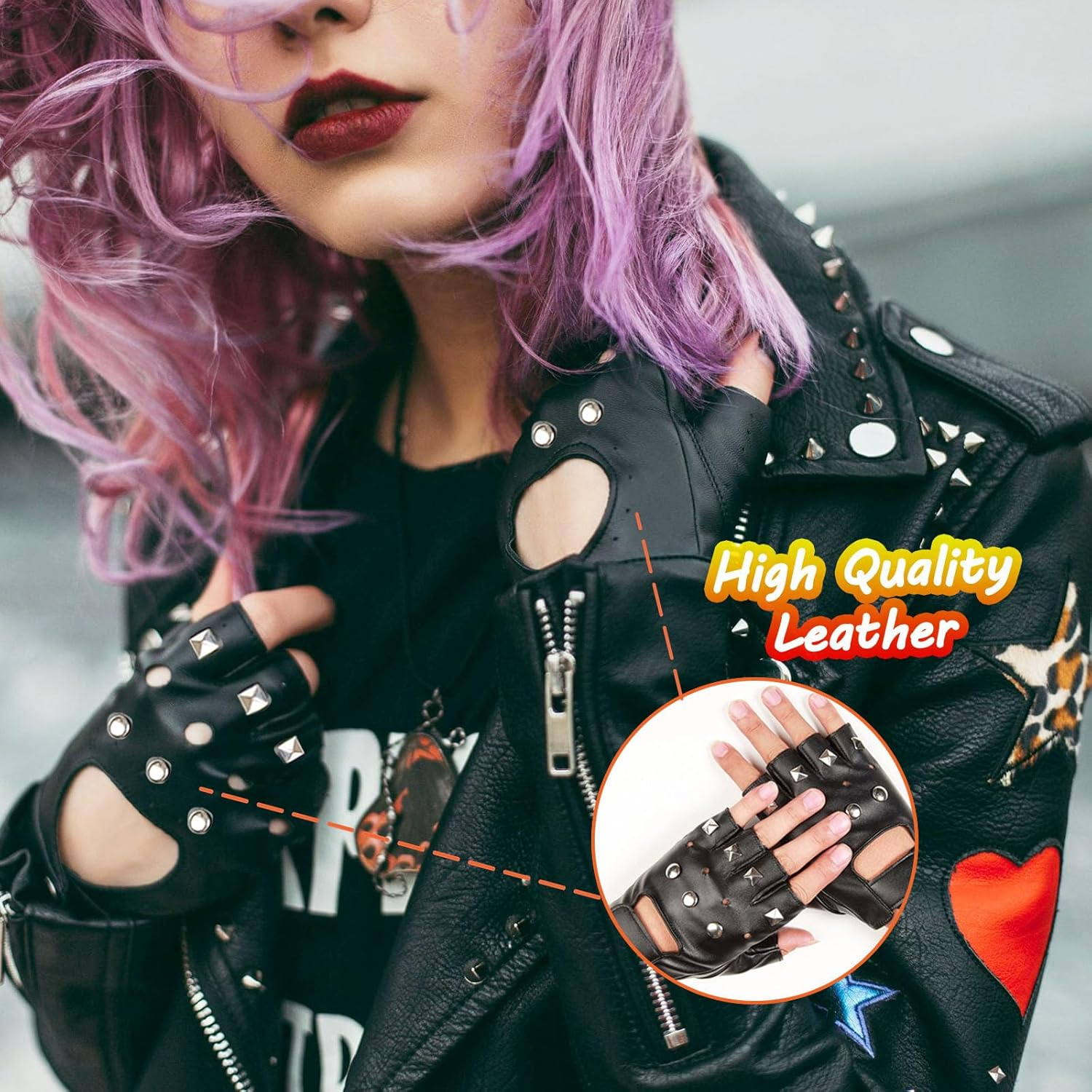 8Pcs Punk Gothic Rocker Costume Set, Rock Heavy Metal Accessories with Retro Sunglasses Gloves Bandana Fake Tattoo Sleeves Bracelet Inflatable Guitar for Women Men Halloween 80S Disco Party image number 5