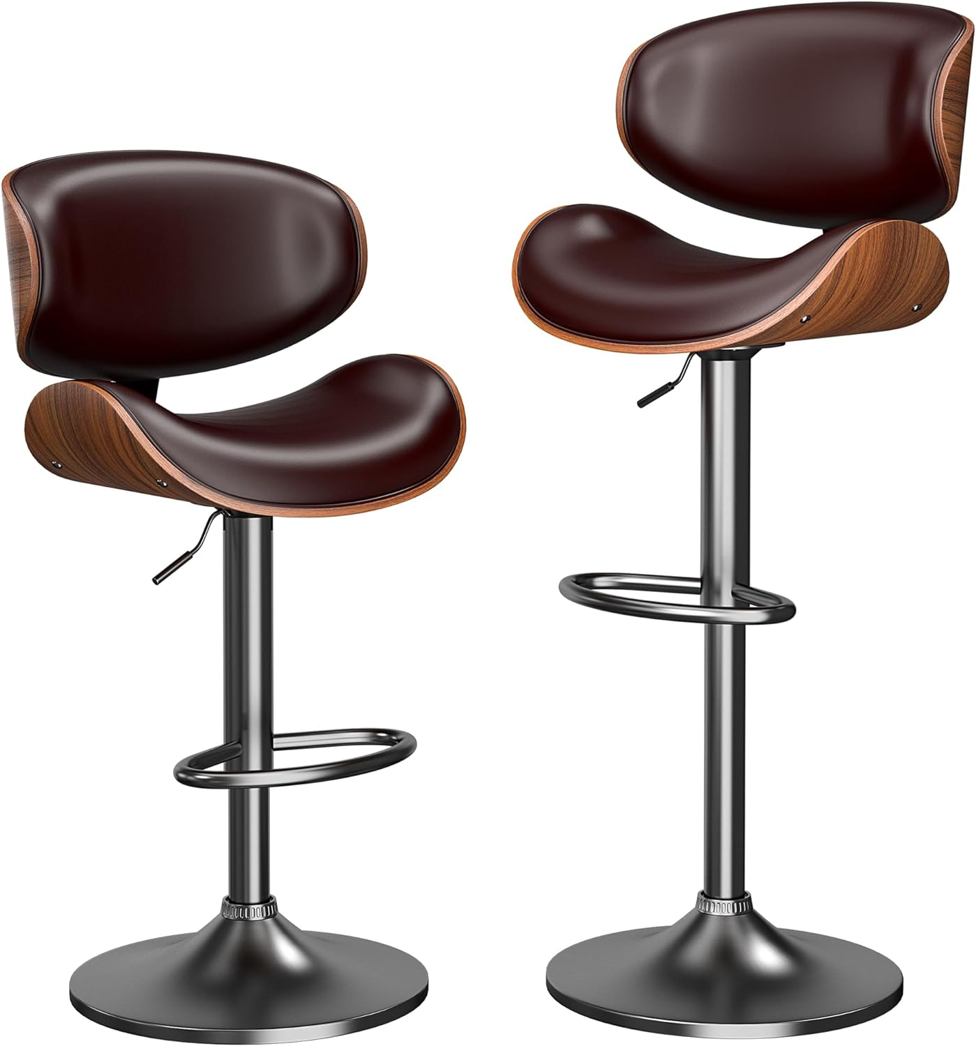 Bar Stools Set of 2, Bar Stools for Kitchen Island with Bentwood Back and Leather Seat, Swivel Barstools for Kitchen Counter, Bar, White