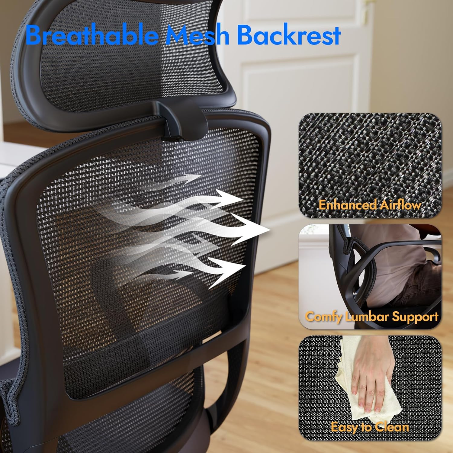 Ergonomic Office Chair, Gaming Chair, Desk Chair with Wide Headrest, Lumbar Support, Mesh Back, 135&deg; Recline, Adjustable Height, Rolling Computer Chair with Easy-Install Legs, Black image number 5