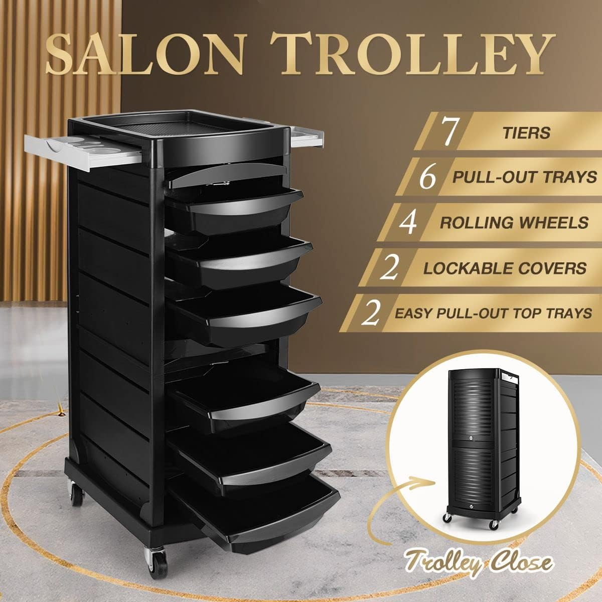 Salon Trolley Salon Storage Cart Hairdressing on Wheels Salon Tool Lockable Beauty Cart for Salon Beauty Spa 7 Tiers 6 Trays image number 4