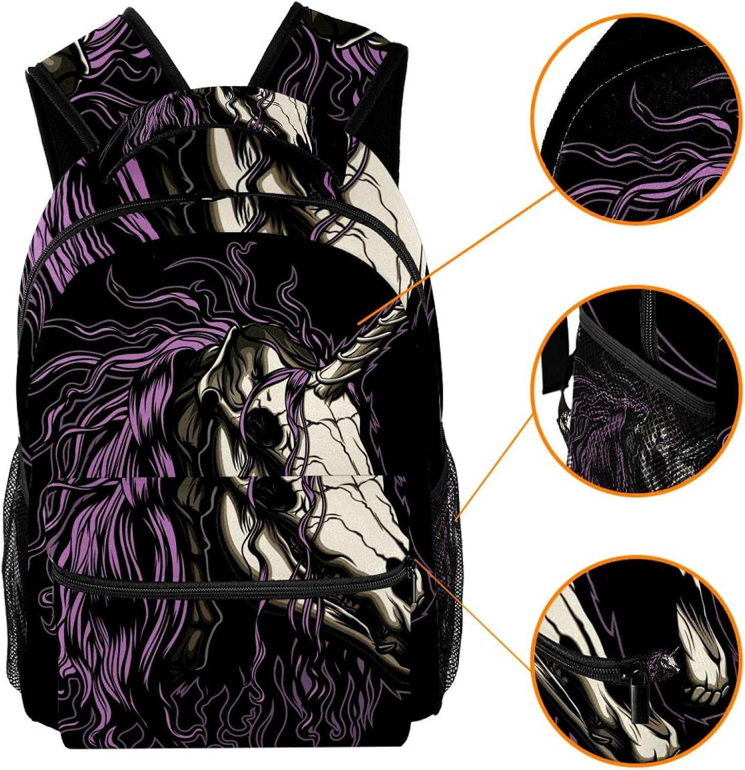 Unicorn Skull with a Pink Mane on the Black Background Backpack Students Shoulder Bags Travel Bag College School Tote Backpacks image number 4