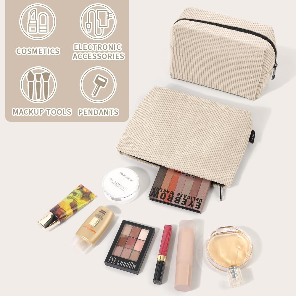 MAANGE Cosmetic Bags for Women Small Makeup Bag for Purse Corduroy Makeup Pouch Travel Makeup Bag Portable Make up Bag for Travelling (Beige)