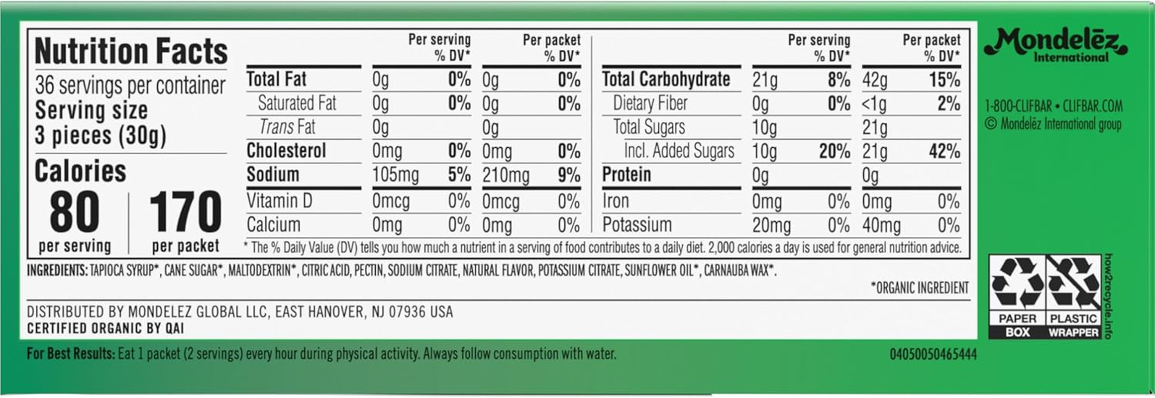 Clif Bloks SOURS - Green Apple Flavor - Energy Chews - Non-Gmo - Plant Based - Fast Fuel for Cycling and Running - Quick Carbohydrates and Electrolytes - 2.12 Oz. (18 Count) image number 2