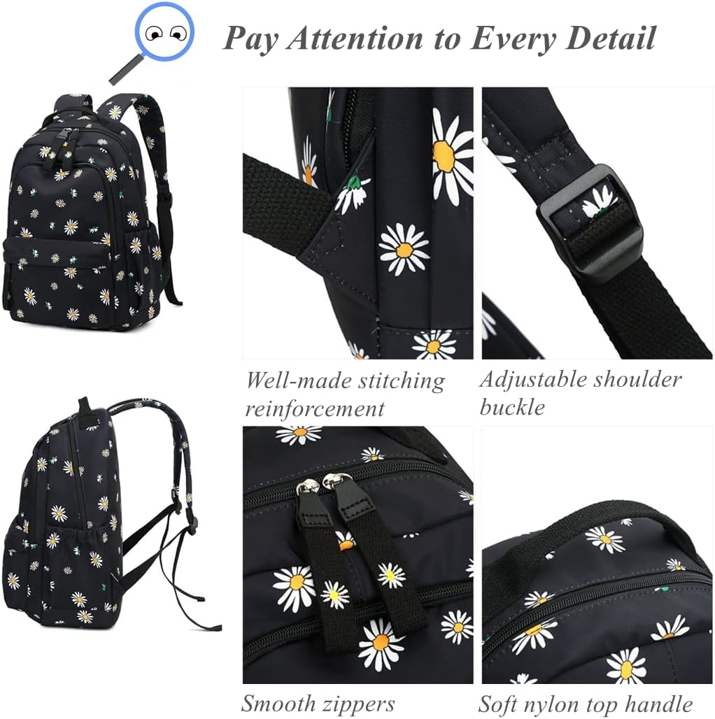 Cats or Daisy Print Girls Backpacks, Water-Resistant Casual School Bags Daypacks