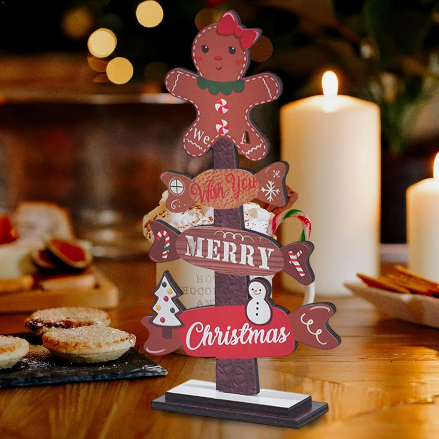 Wood Christmas Trees,Small Table Top Christmas Tree with Gingerbread Man Topper - Holiday Ornament Christmas Tiered Tray Decor Decorative Sign for Shopping Window Desk Shelf image number 1