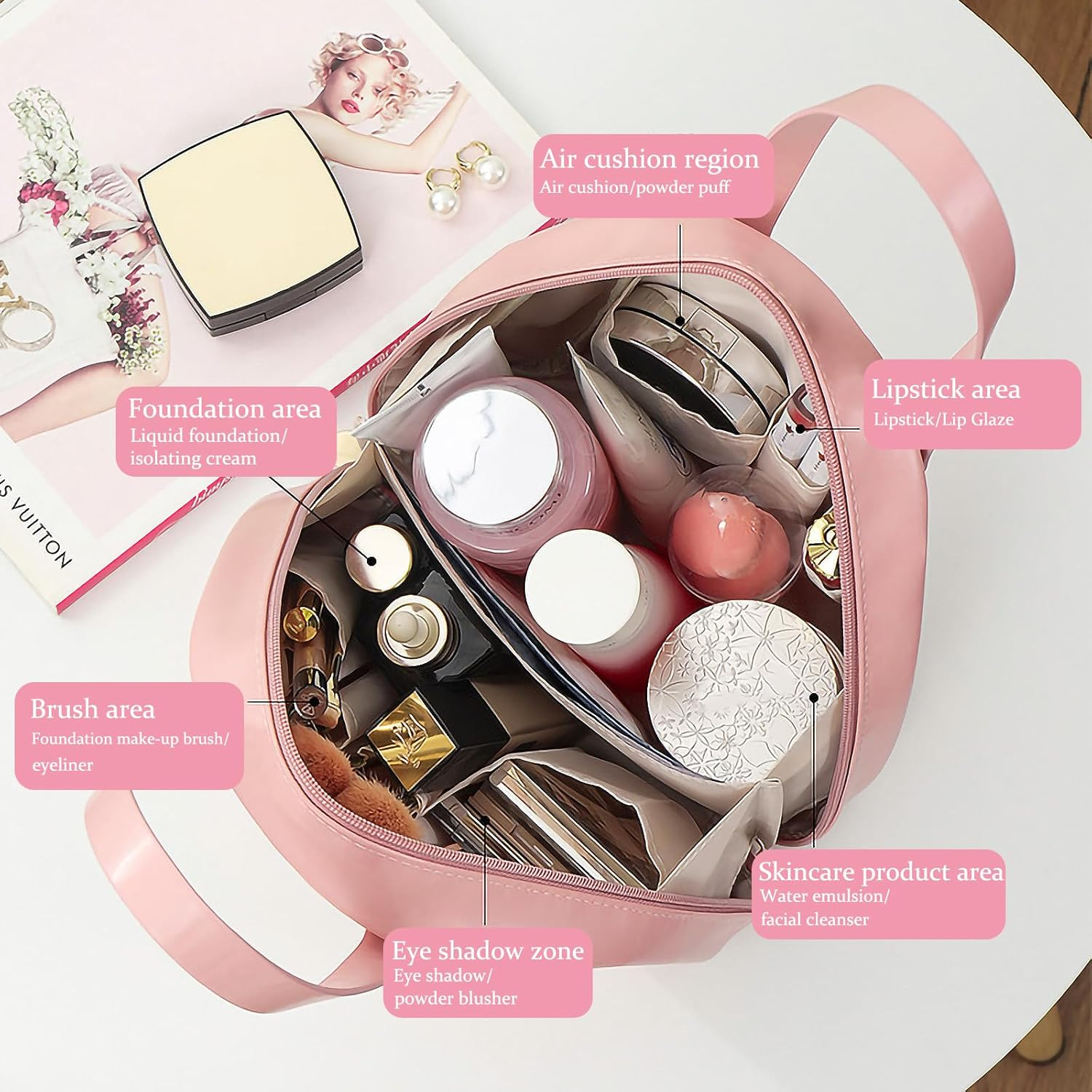 Biiange Elegant Portable Shell Cosmetic Bag, Portable Storage Bag for Women, with Compartments Large Capacity Travel Makeup Bags (Pink) - Pink image number 2